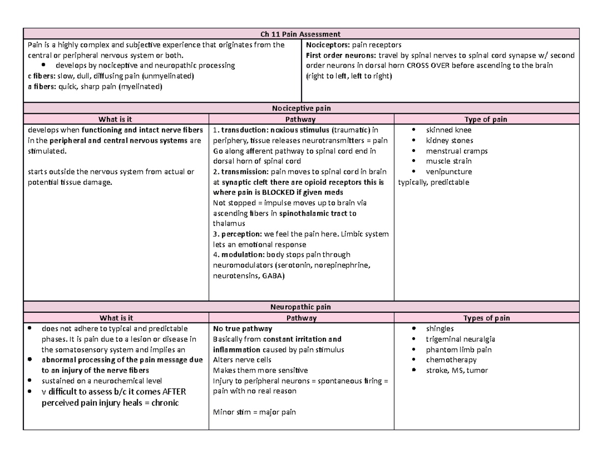 Ch 11 Pain Assessment - lecture notes - Ch 11 Pain Assessment Pain is a ...