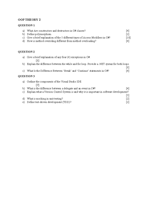 OOP TEST 2 - Object oriented programming in C# - NATIONAL DIPLOMA IN ...