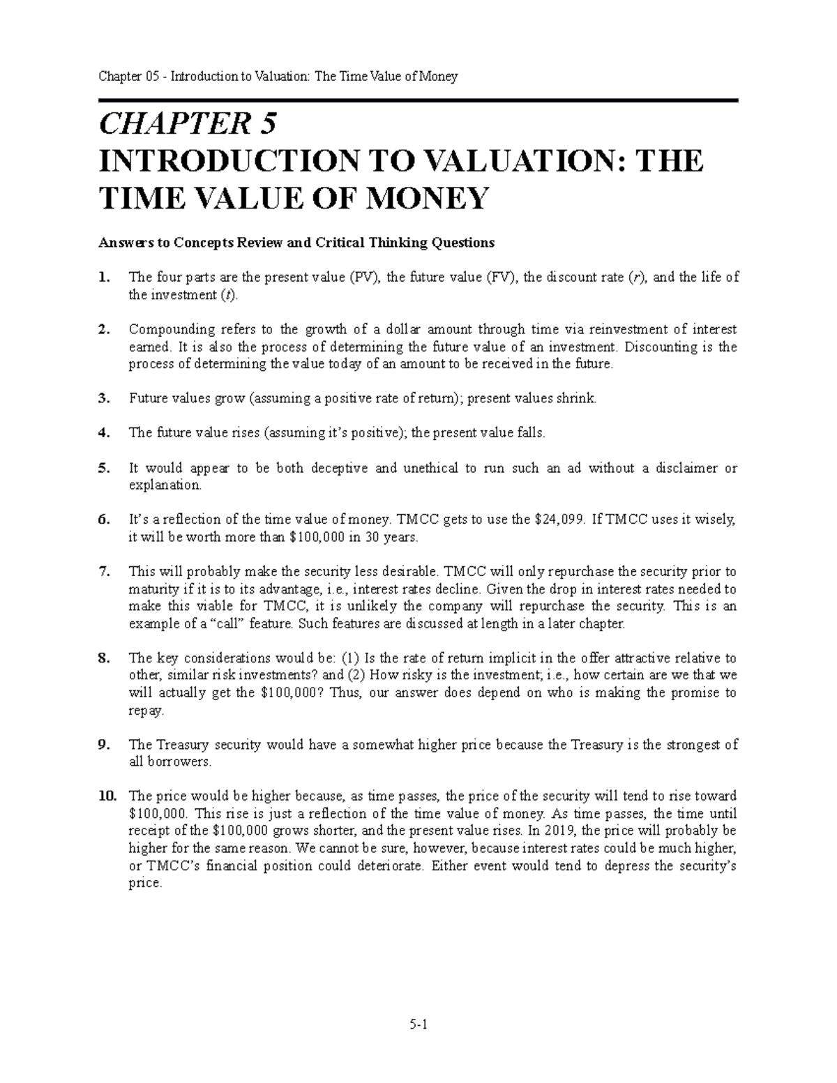 Solutions - Chap005 - CHAPTER 5 INTRODUCTION TO VALUATION: THE TIME ...