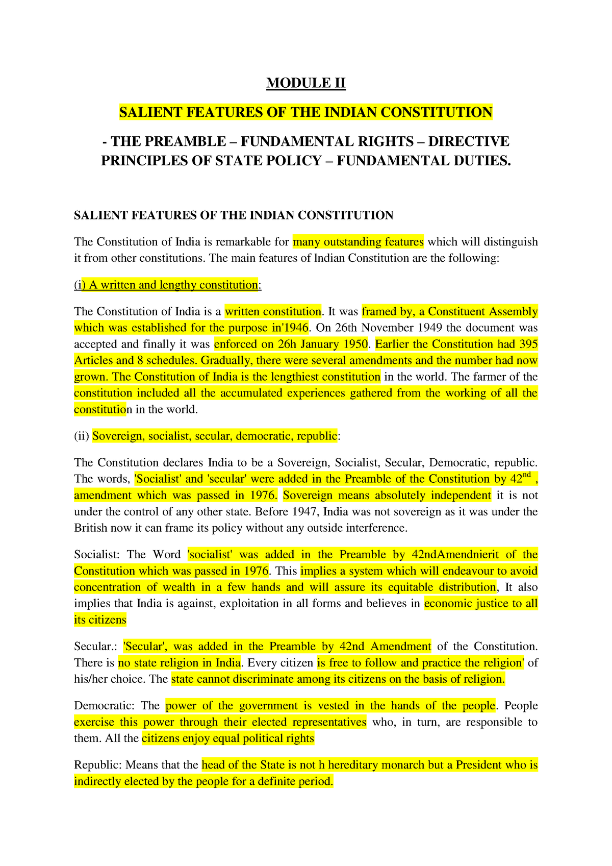 Module II - Political System In India - MODULE II SALIENT FEATURES OF ...