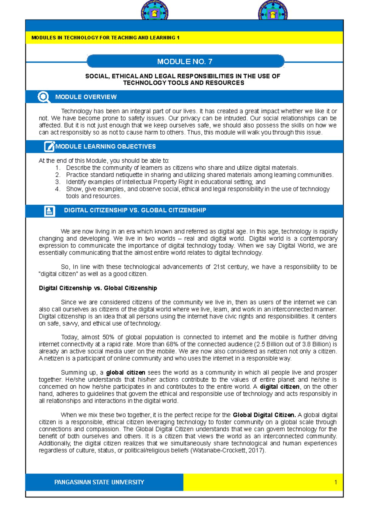 Technological Learning 1- Module 7 Lessons - SOCIAL, ETHICAL AND LEGAL ...