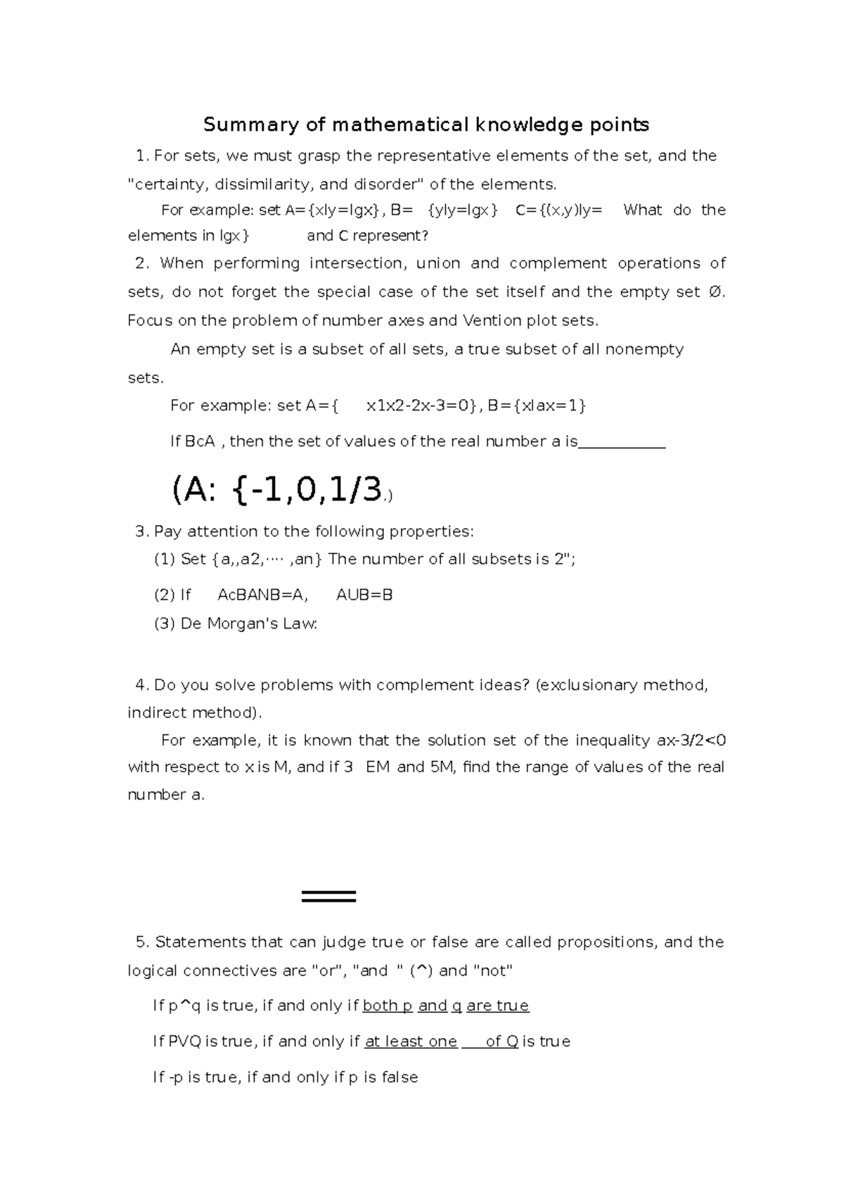 Summary of mathematical knowledge points - For example: set A={xly=lgx ...