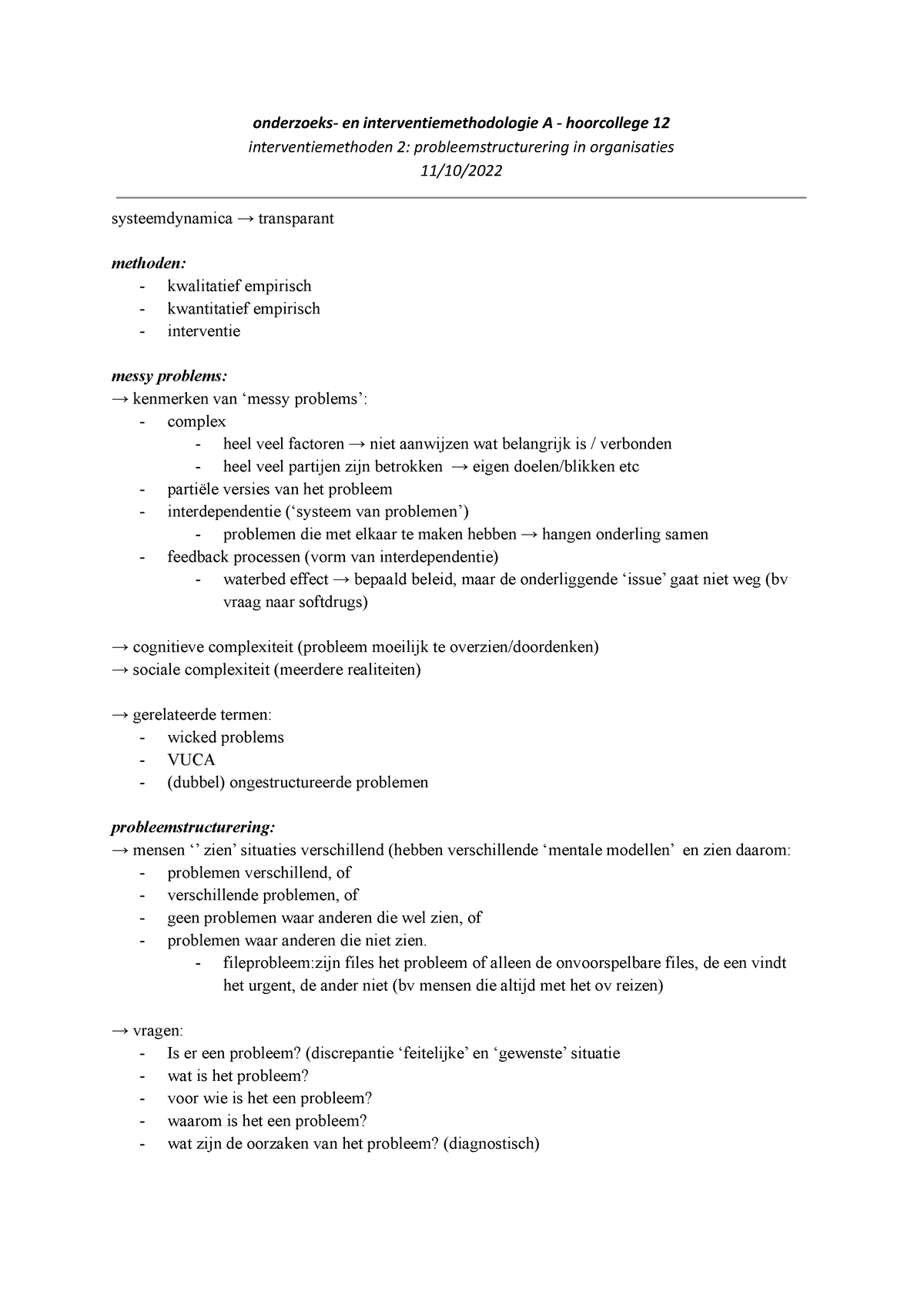 Oima Hoorcollege 12 - Onderzoeks- En Interventiemethodologie A ...