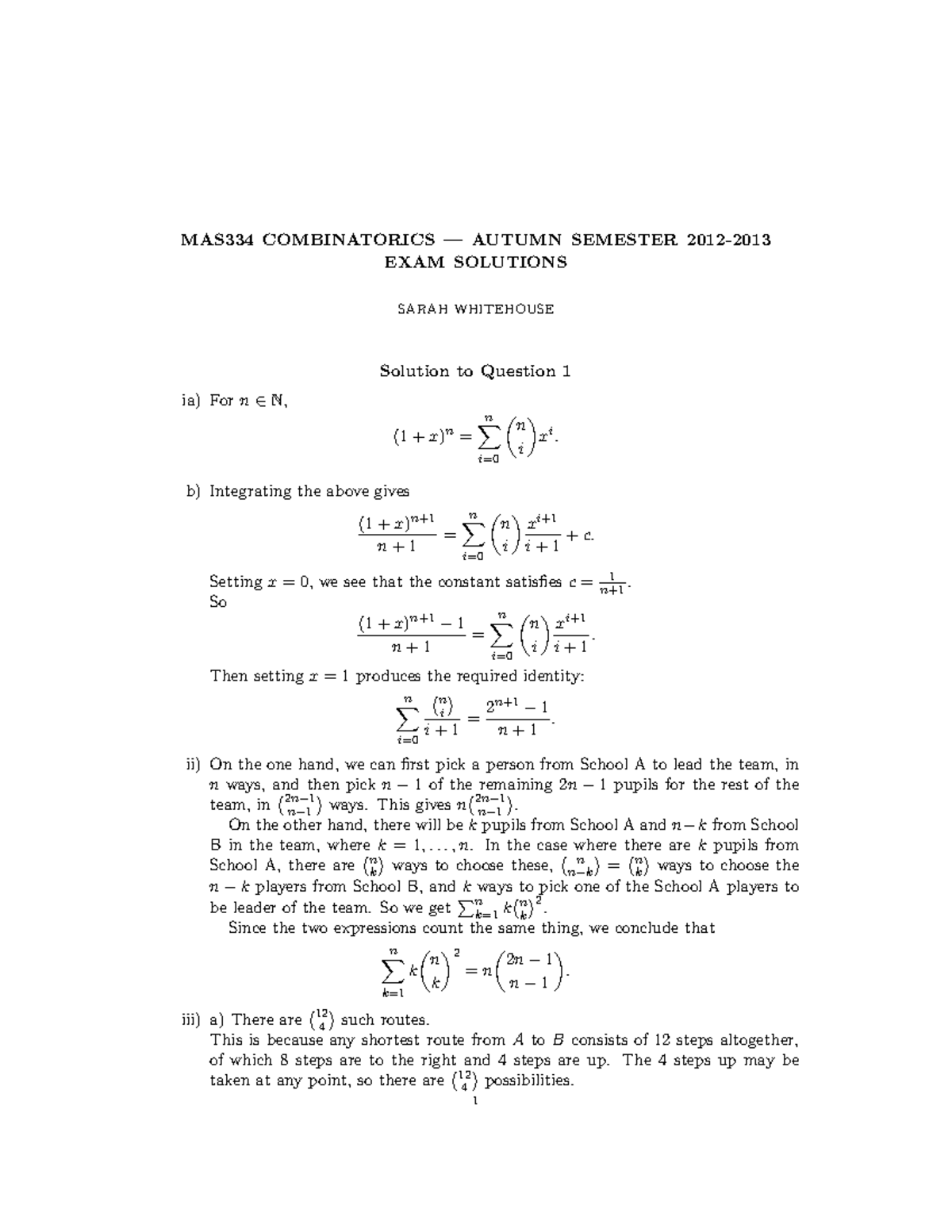 Exam 2013 Combinatorics exam answers 2013 MAS334 COMBINATORICS — AUTUMN SEMESTER 2012 EXAM