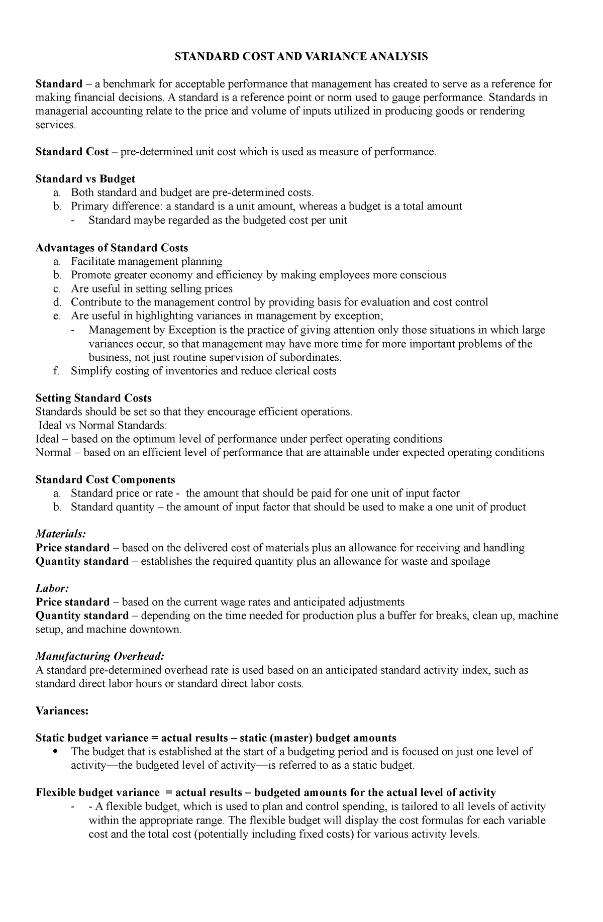 Standard Cost and Variance Analysis notes - STANDARD COST AND VARIANCE ...