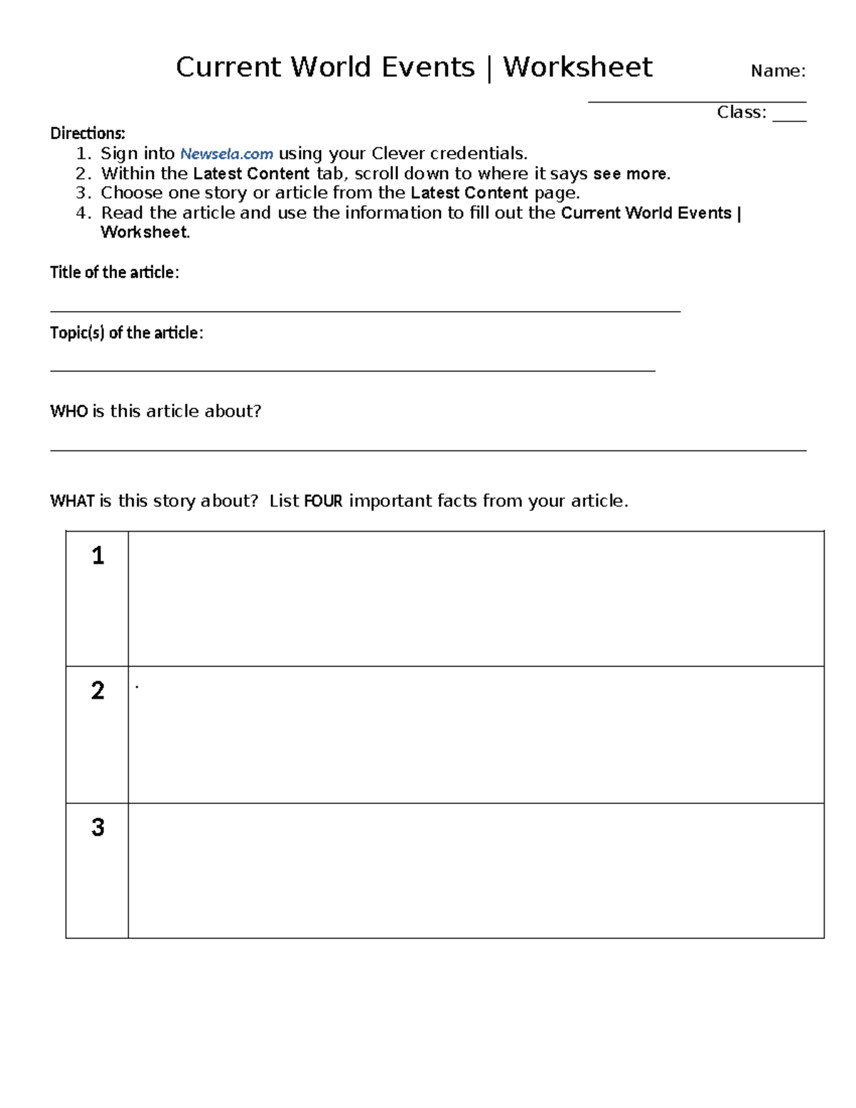 Current Event 2024 Current World Events Worksheet Name