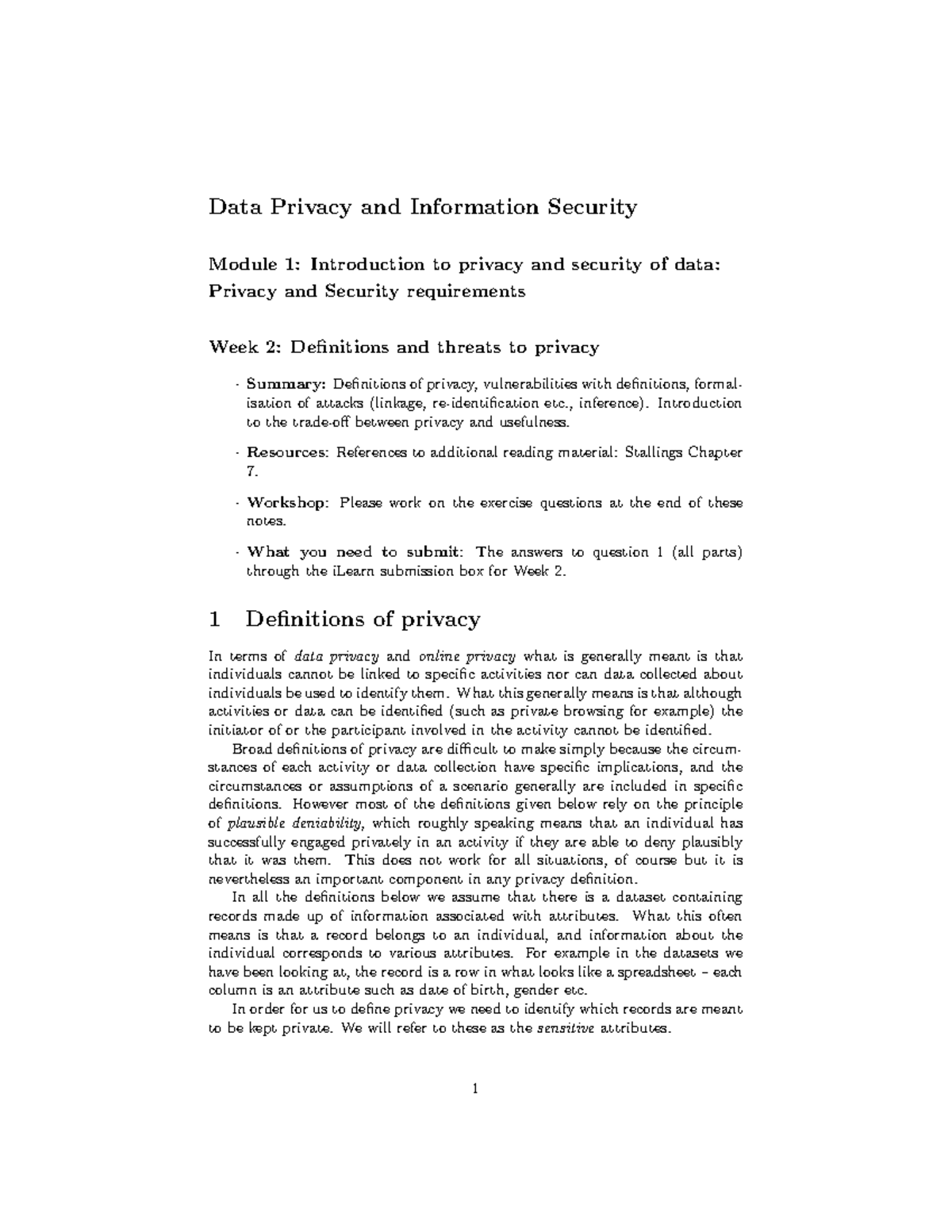 COMP3300W2Notes - Lecture notes - Data Privacy and Information Security ...