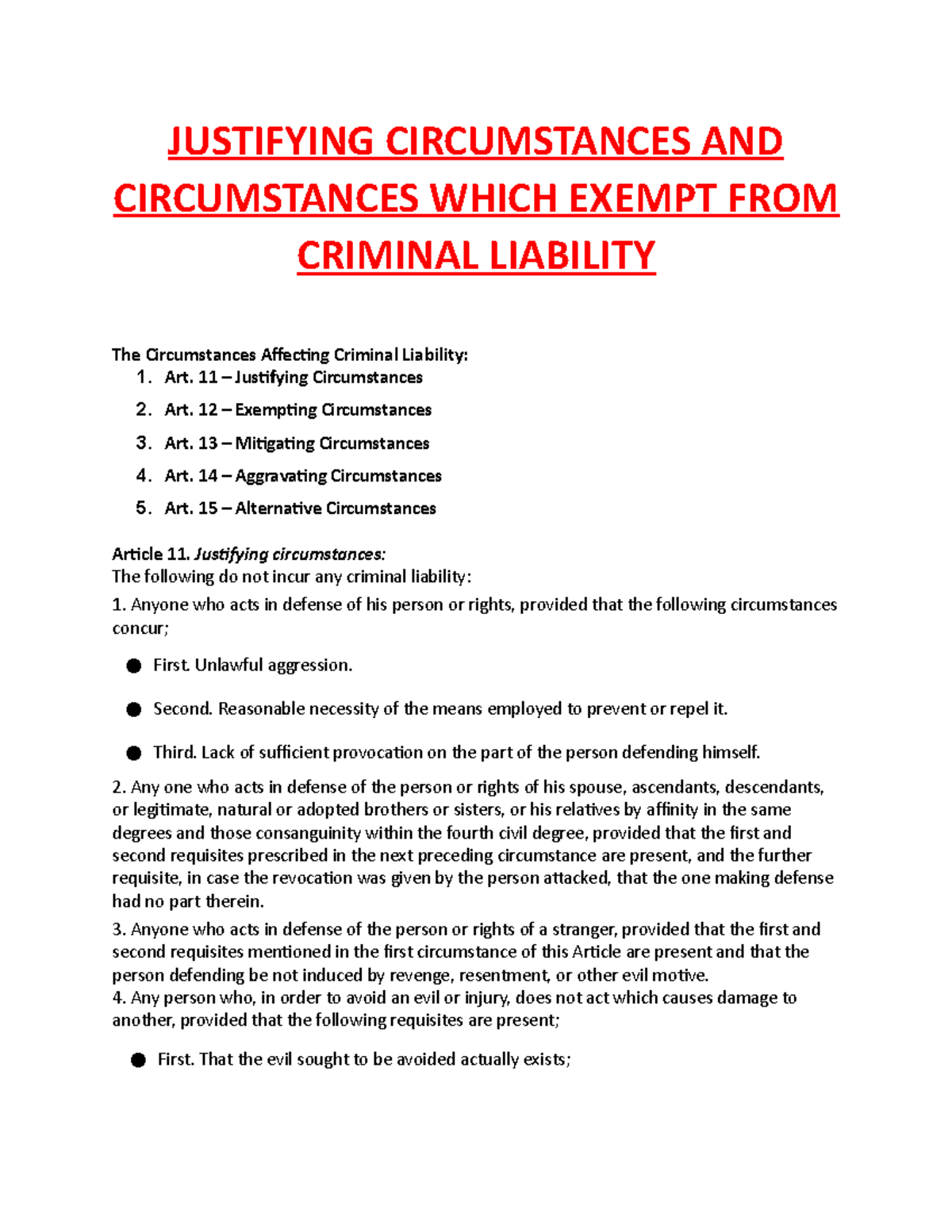 Justifying Circumstances AND Circumstances Which Exempt FROM Criminal ...