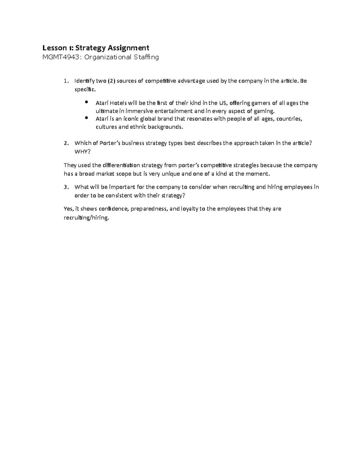 Strategy Assignment - Lesson 1: Strategy Assignment MGMT4943 ...