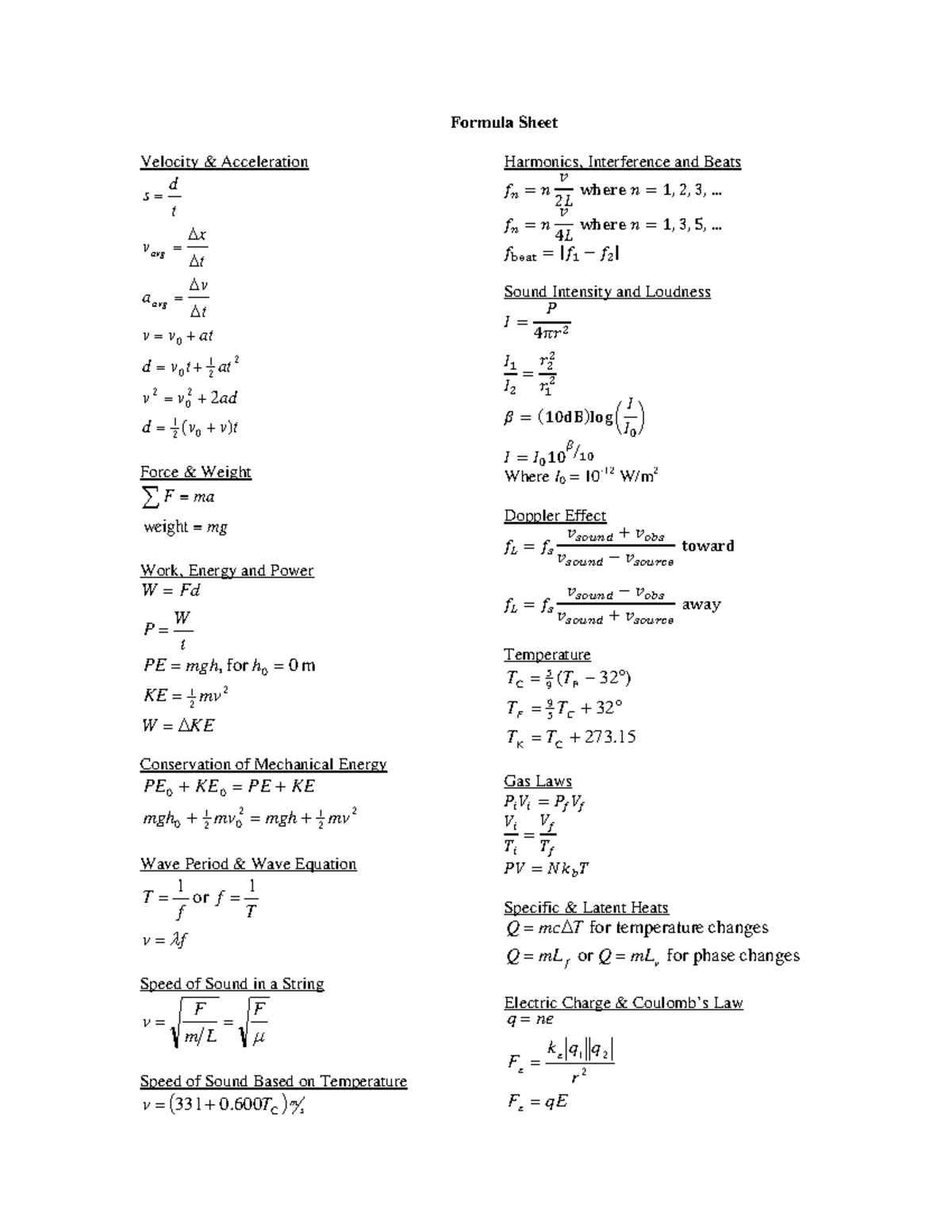 Formula Sheet Phy 1 Studocu