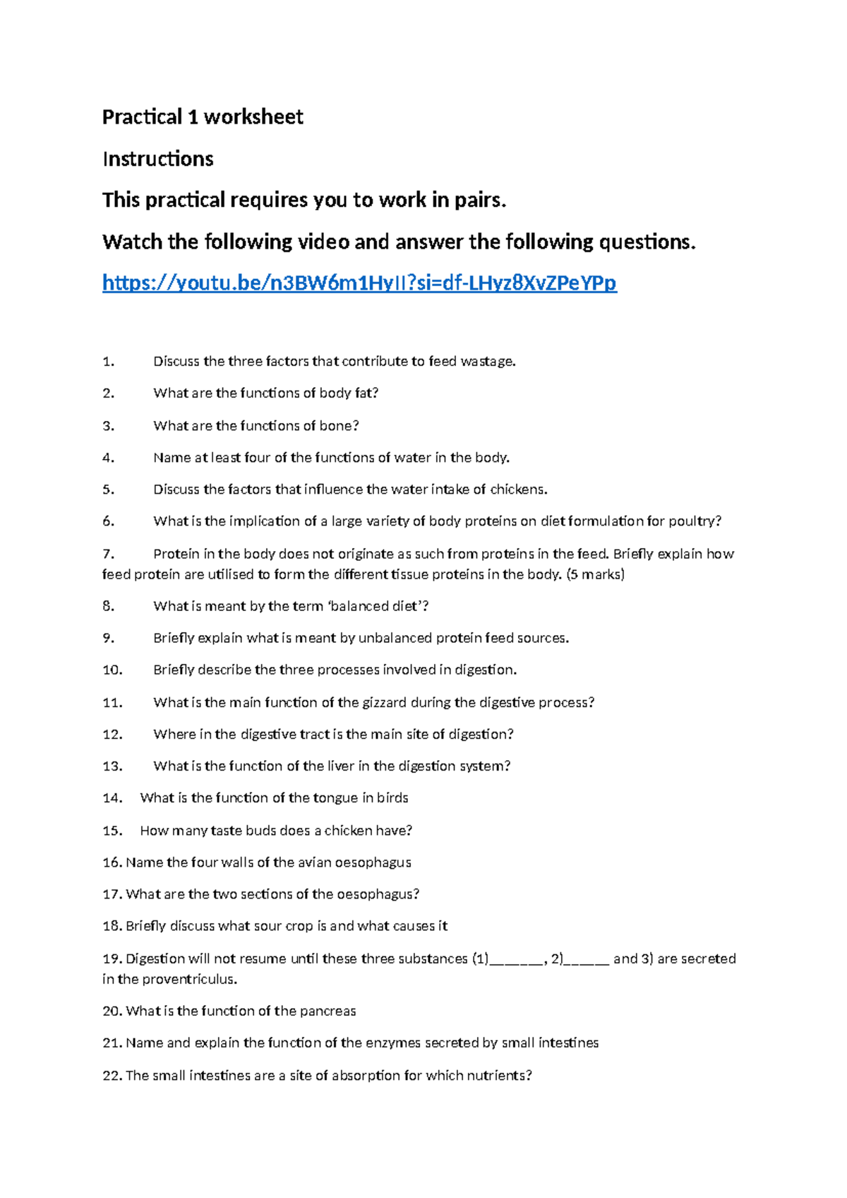 Practical 1 Worksheet The Role Of Feed For Growth And Reproduction ...