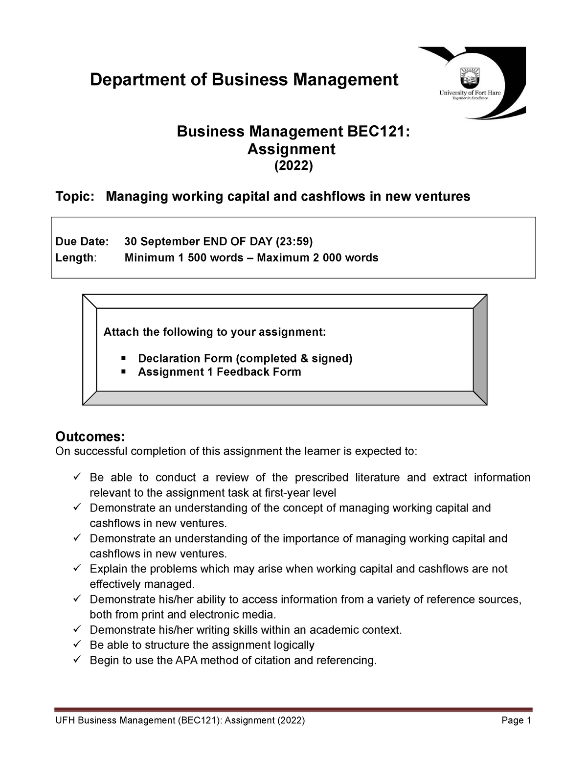 Assignment Guide BEC121 2022 - Department Of Business Management ...