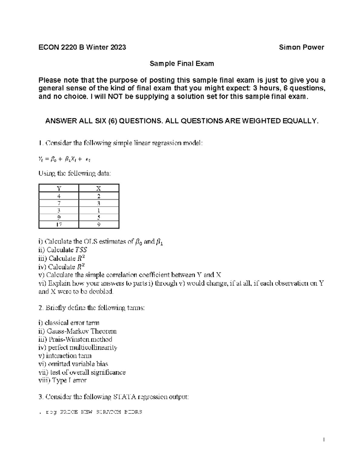 ECON 2220 B Winter 2023 Sample Final Exam - ECON2220 B Introductory ...