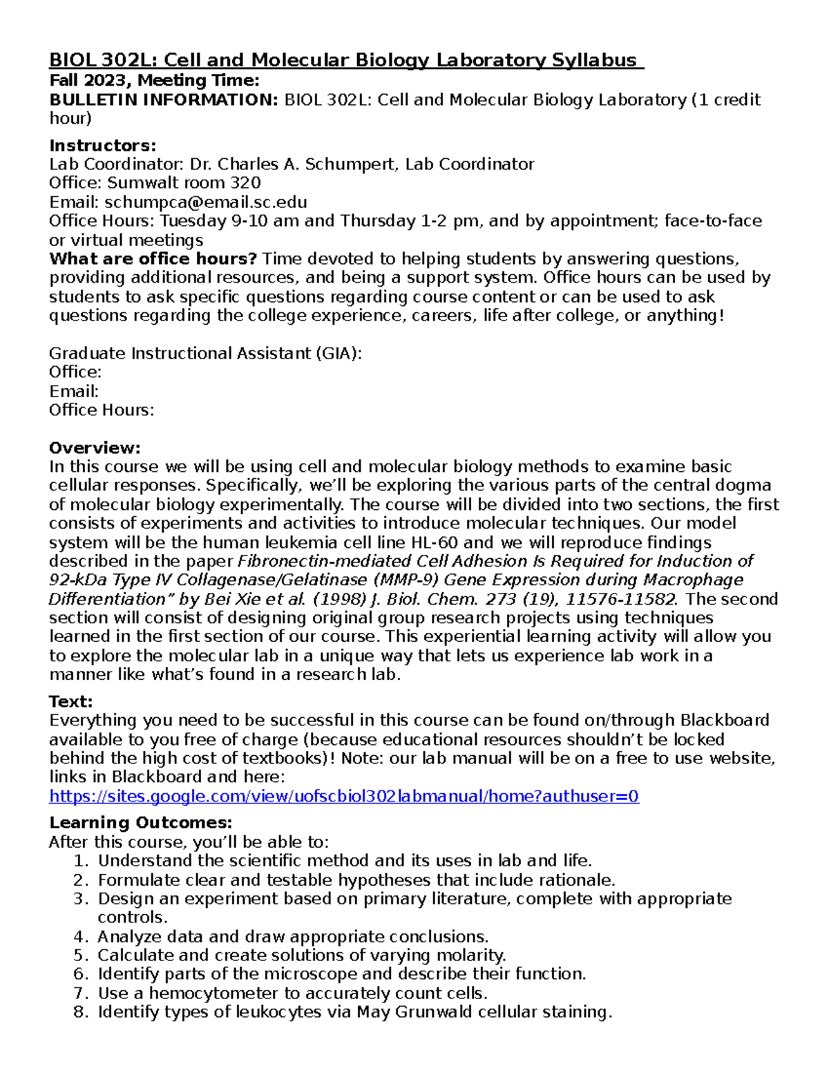 BIOL 302L Syllabus Fall 2023 - BIOL 302L: Cell and Molecular Biology ...