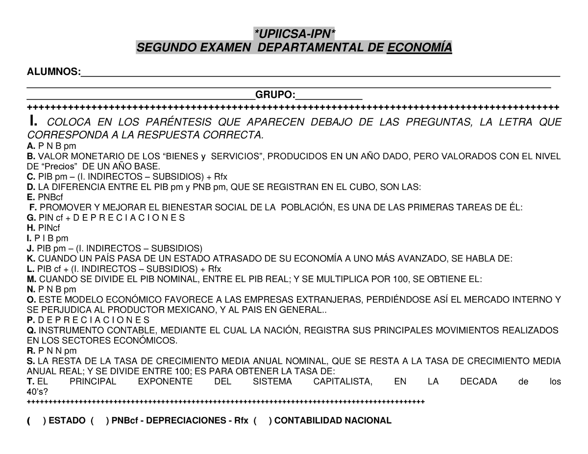 Examen B DE Economia UPI - UPIICSA-IPN SEGUNDO EXAMEN DEPARTAMENTAL DE ...