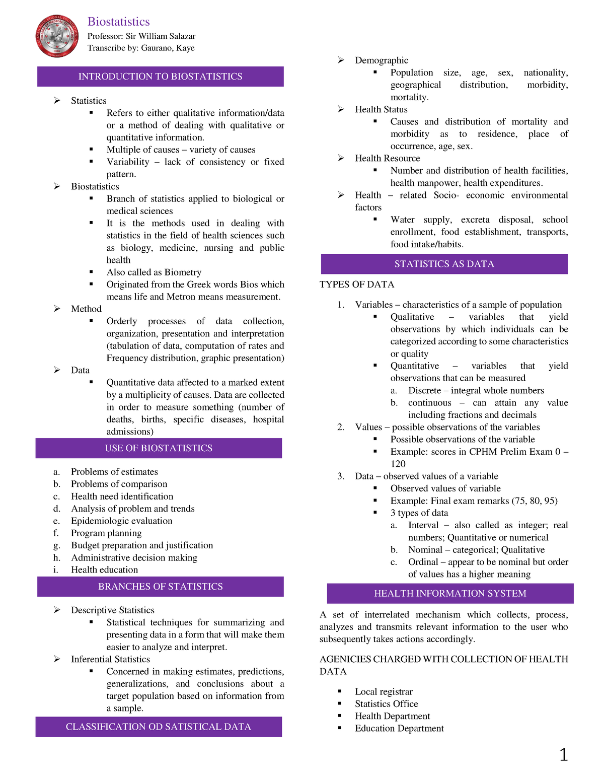 Reviewer Prelims Statistics - Biostatistics Professor: Sir William ...