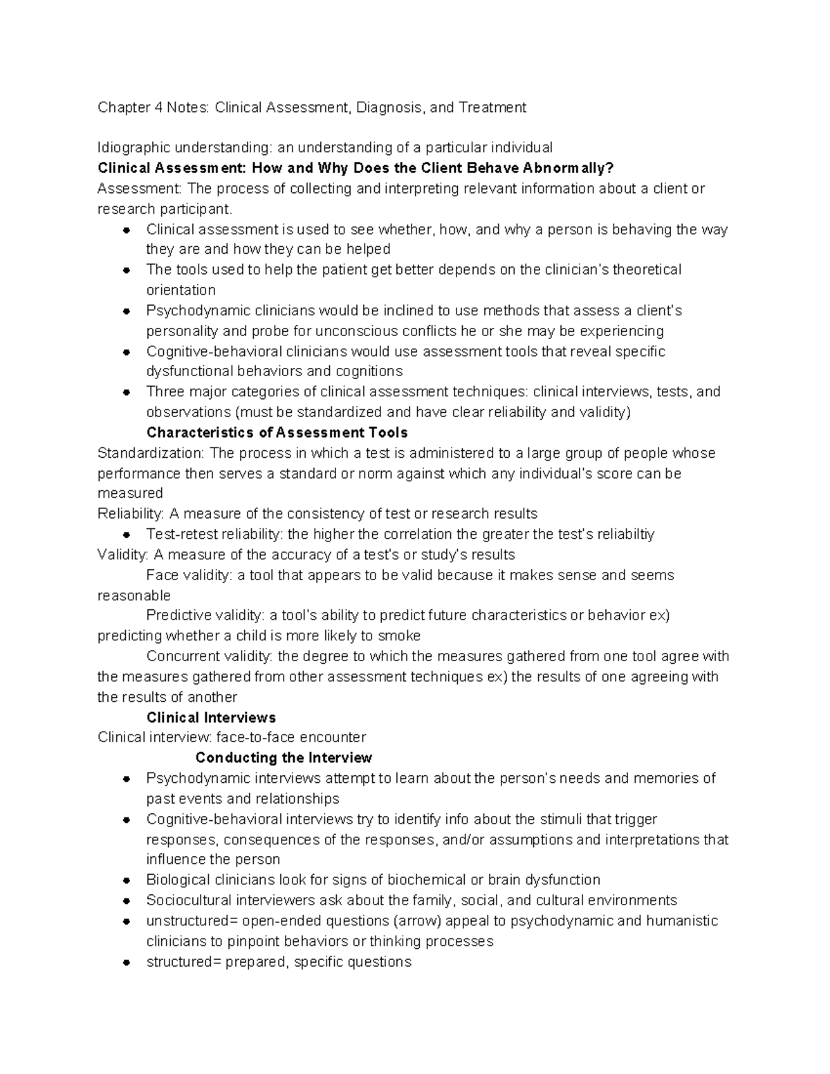 Chapter 4 Notes - Chapter 4 Notes: Clinical Assessment, Diagnosis, and ...