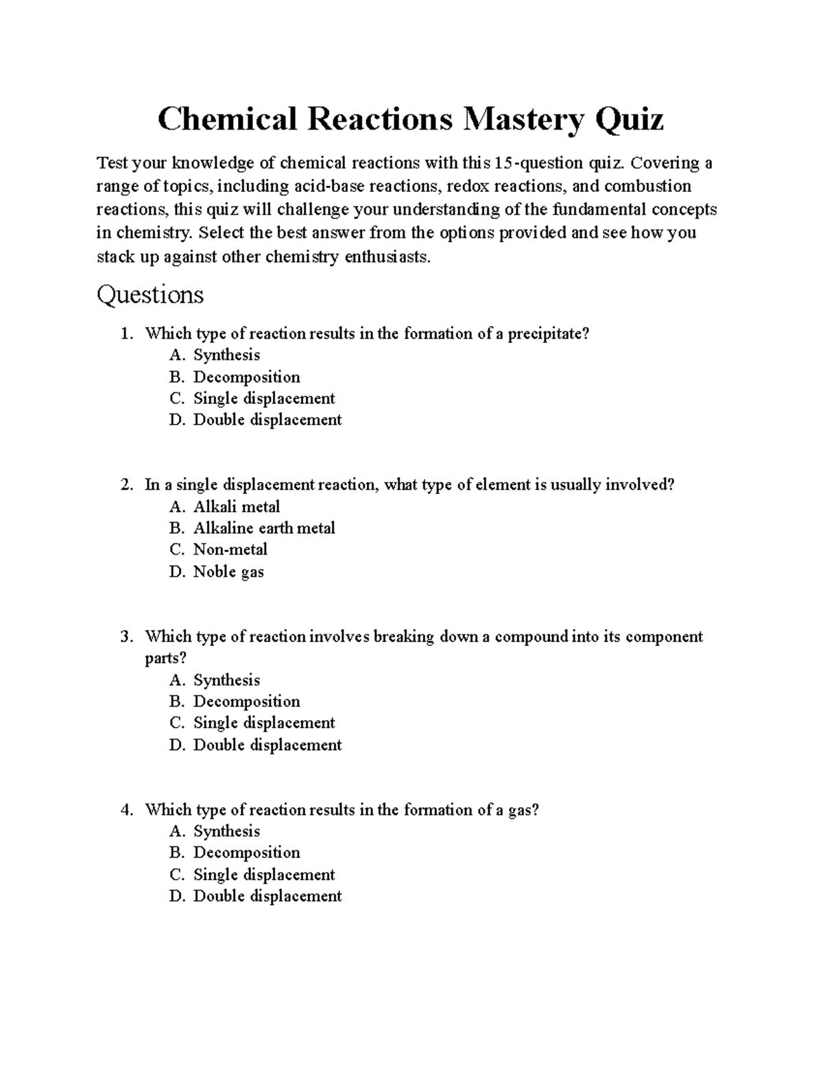 Chemical Reactions Mastery Quiz Covering a range of topics, including