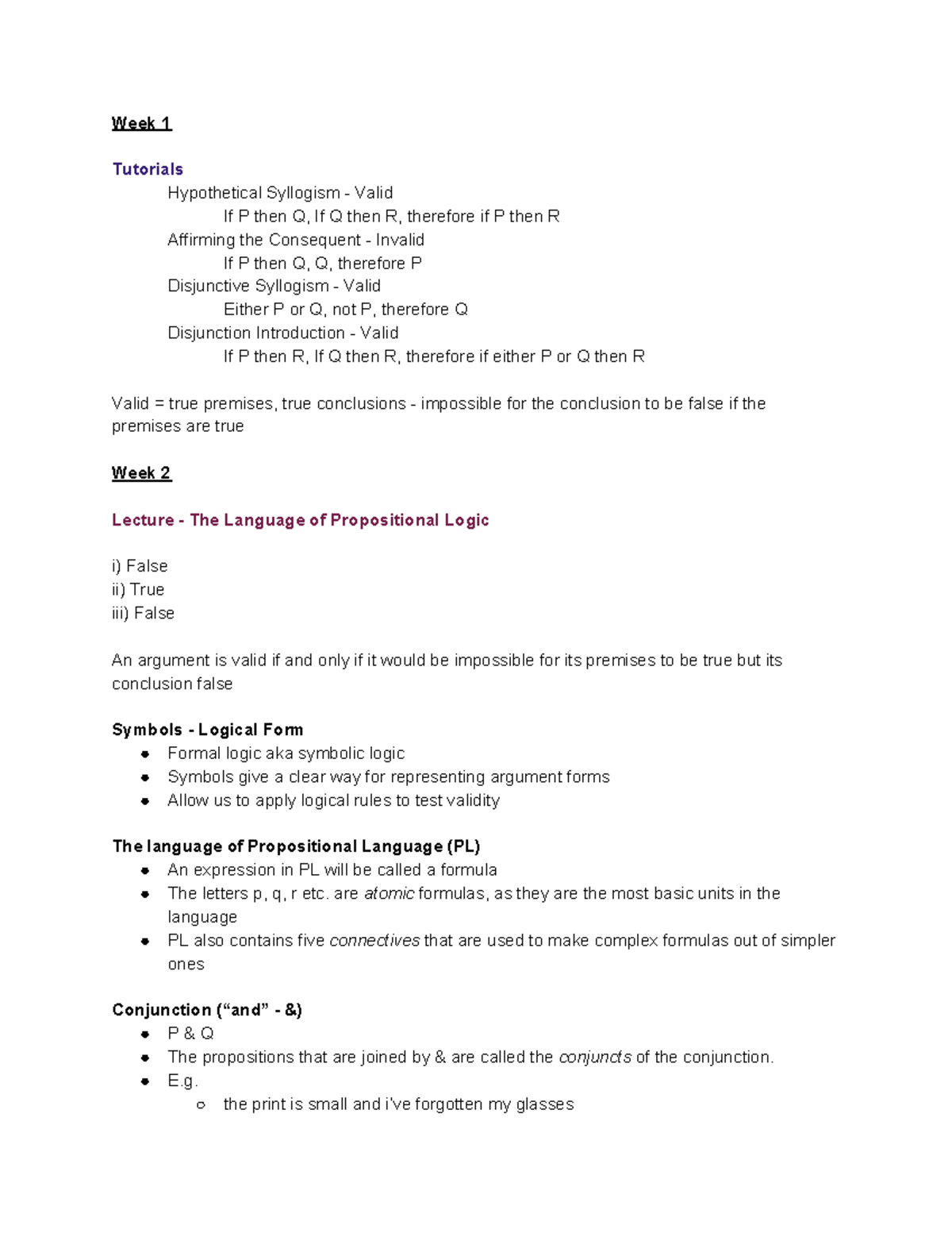 Phl134 Lecture Notes 1 12 Week 1 Tutorials Hypothetical Syllogism Valid If P Then Q If Q Then Studocu