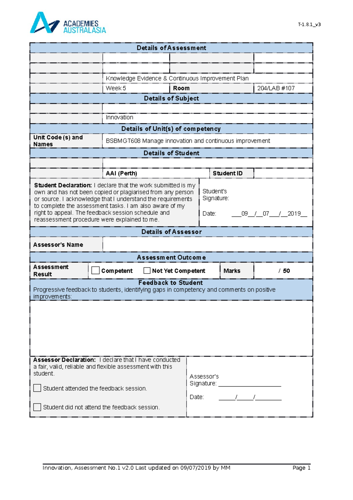 Innovation Assessment 1 - Details of Assessment Term and Year 1, 2019 ...