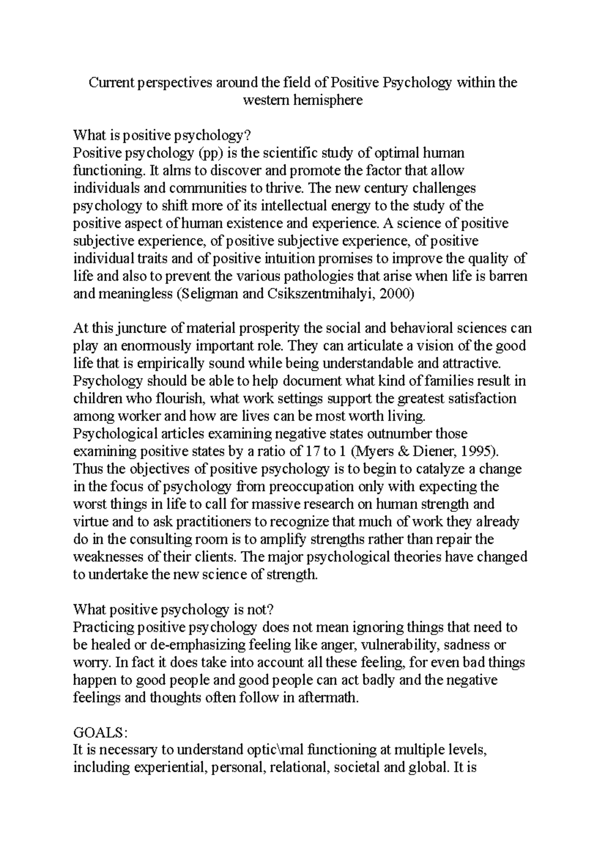 Current perspectives around the field of Positive Psychology within the ...