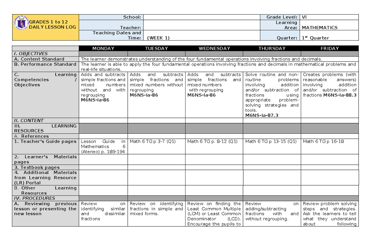 Sample-MATH6DLLQ1-W1MPLE MATH - GRADES 1 to 12 DAILY LESSON LOG School ...