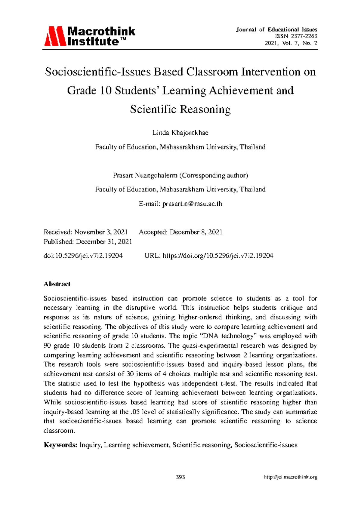 SSI gr10 - Note - ISSN 2377- 2021, Vol. 7, No. 2 Socioscientific-Issues ...