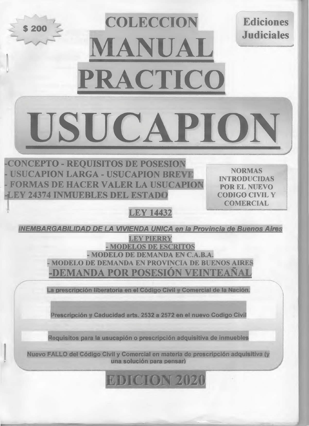 446963619 Guia Practica Usucapion - $ 2 0 0 tOLECCI ON MANUAL PRACTICO  Ediciones Judiciales - Studocu