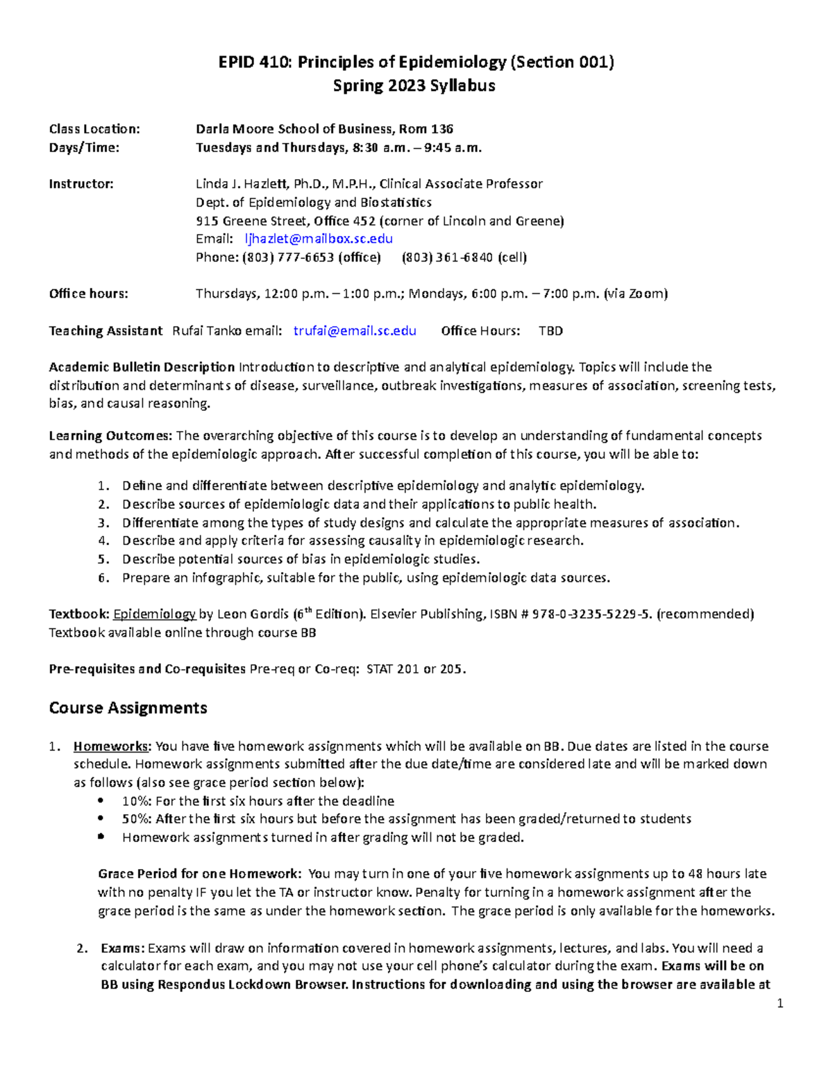 Spring 2023 EPID 410 001 Syllabus Final(1) - Spring 2023 Syllabus Class ...