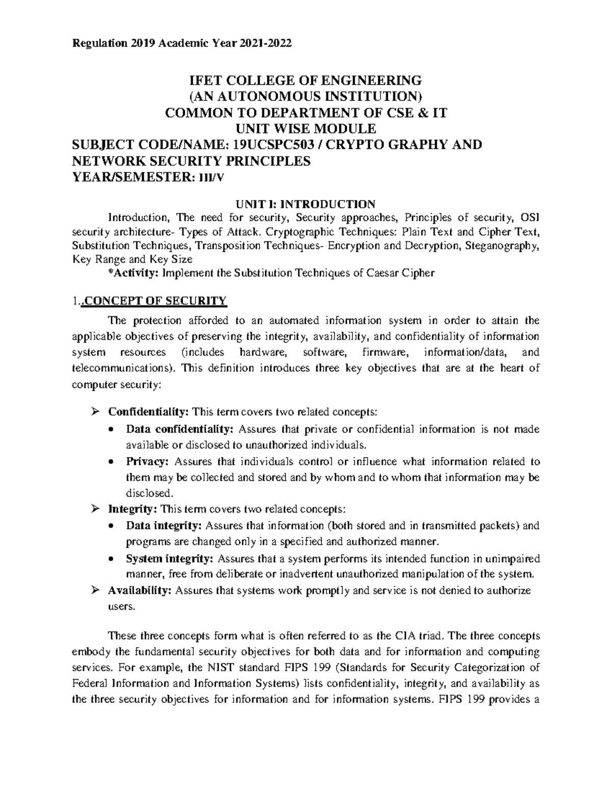 Cns unit 1-5 - Regulation 2019 Academic Year 2021- IFET COLLEGE OF ...