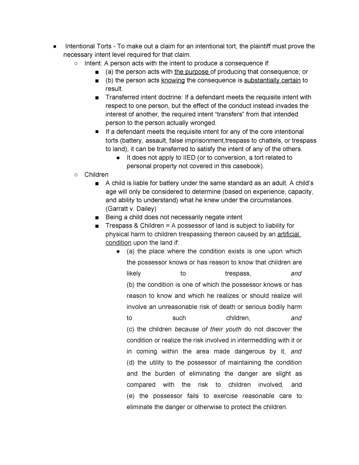 Torts I Outline - Intentional Torts - To make out a claim for an ...