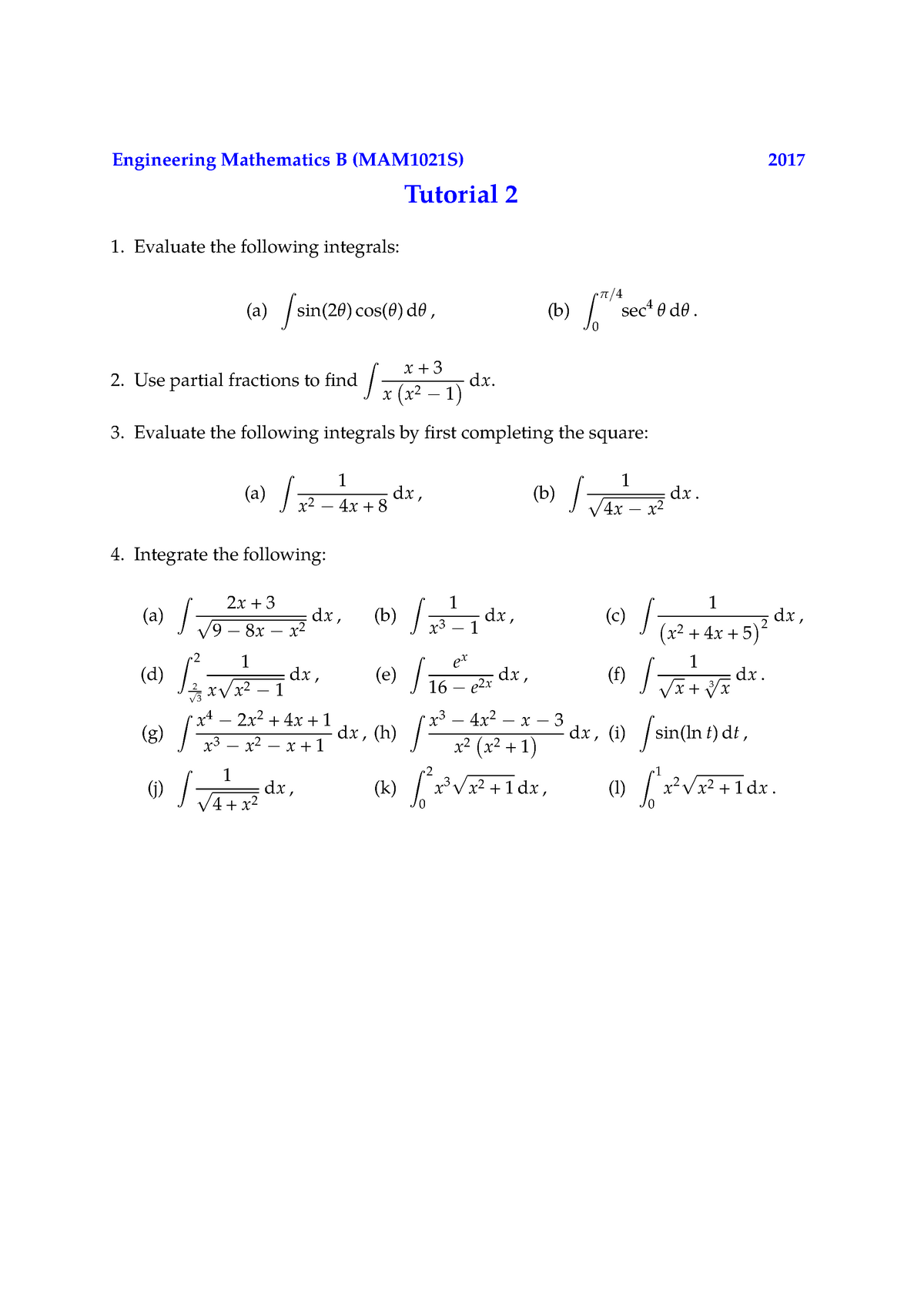 Tut02 2017 With Solutions - Engineering Mathematics B (MAM1021S) 2017 ...