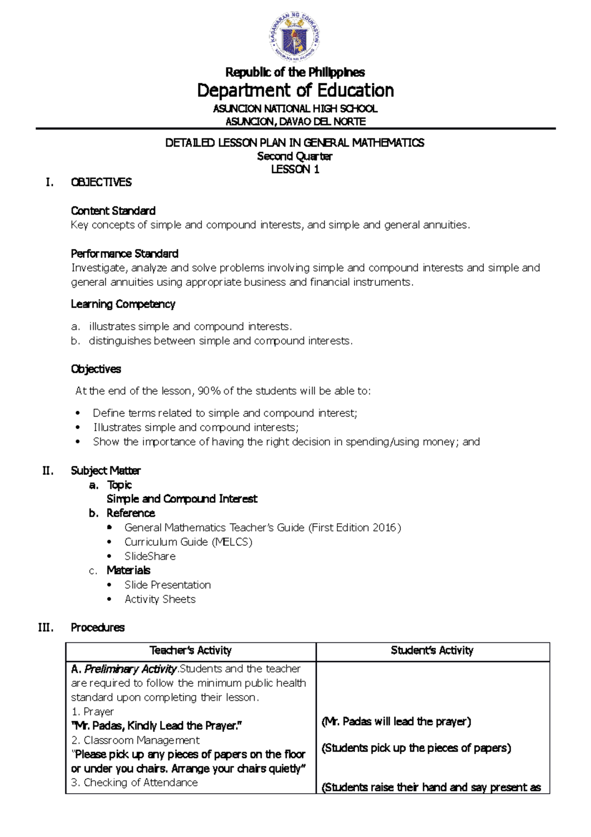 SHS - GENMATH LESSON PLAN - Republic of the Philippines Department of ...