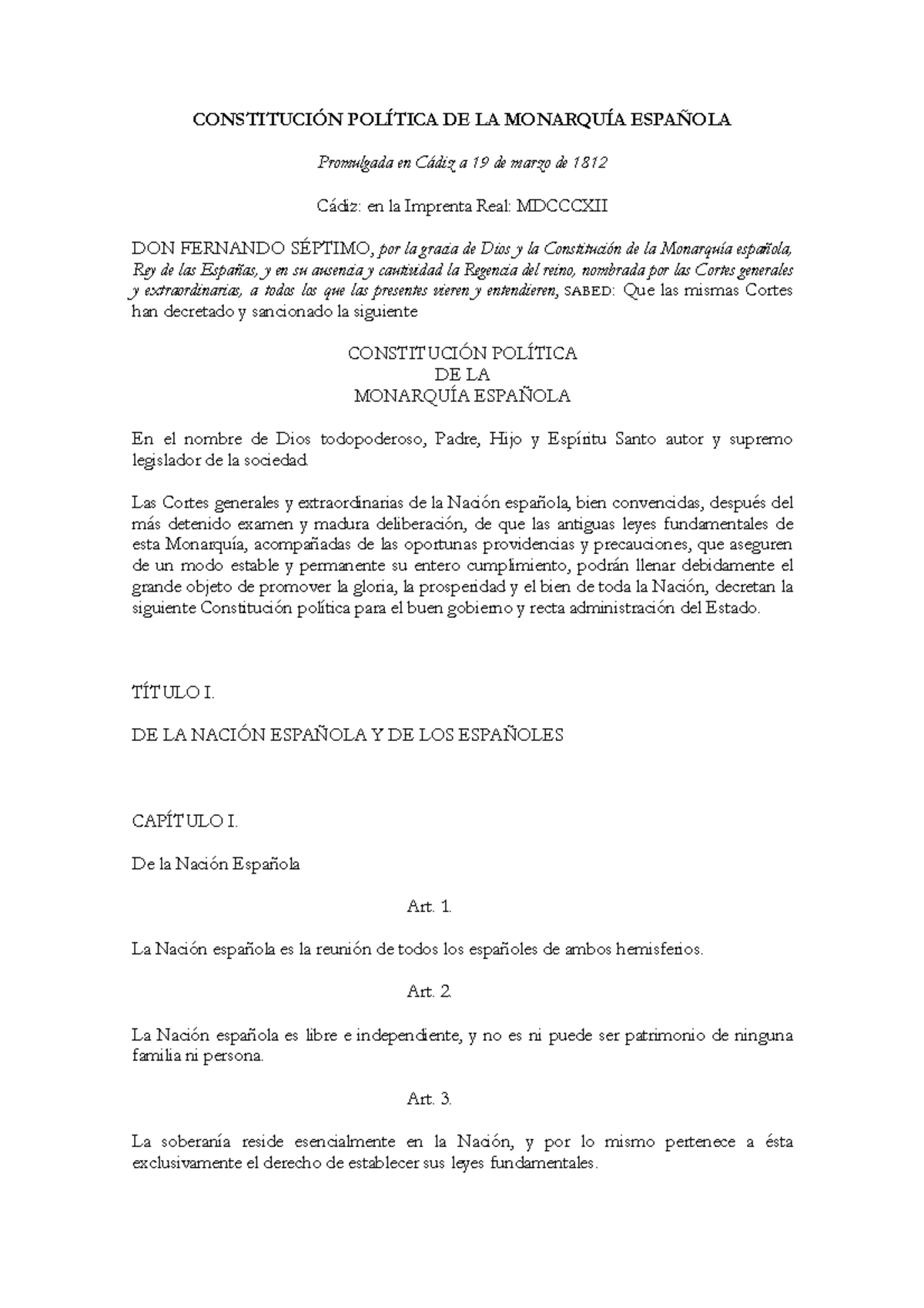 1. Comentario DE Texto. Constitucion 1812 - CONSTITUCIÓN POLÍTICA DE LA ...