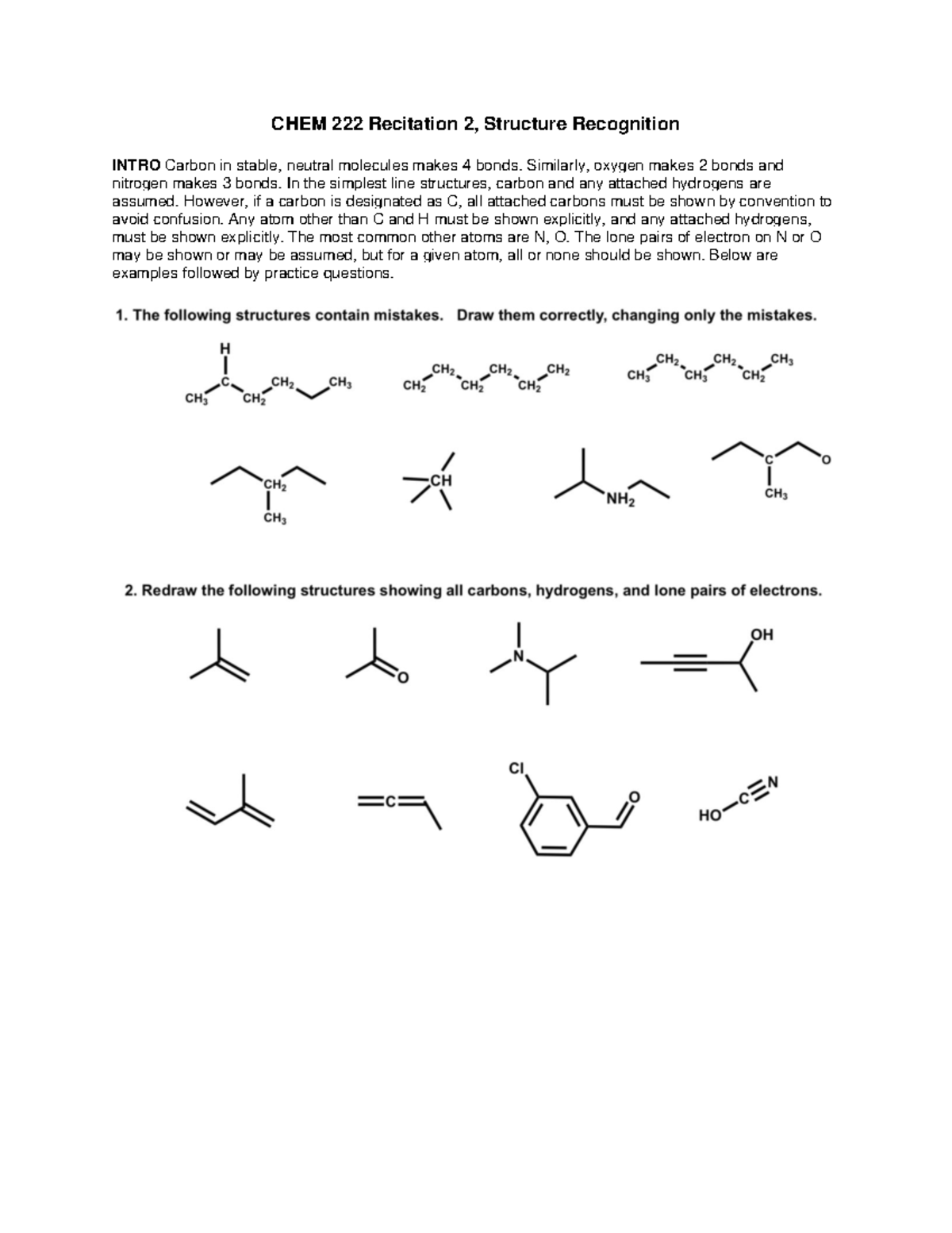 Recitation 2- Structural Recognition - CHEM 222 Recitation 2, Structure ...