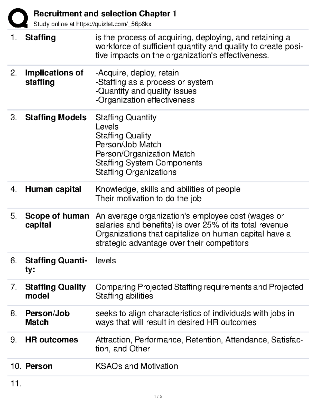 Bank Questions Ch 1 Study Online At Quizlet 56p6kx Staffing Is The