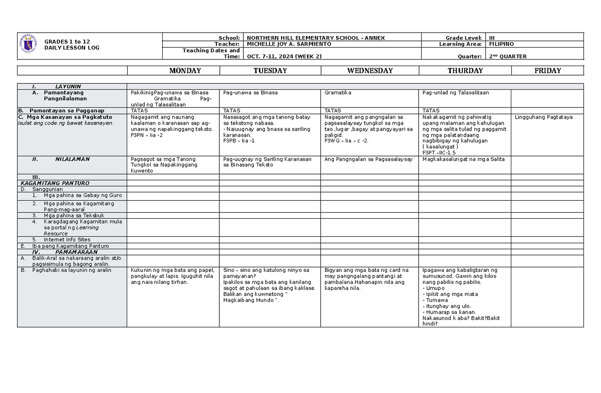 DLL Filipino 3 Q2 W1 - none - GRADES 1 to 12 DAILY LESSON LOG School ...