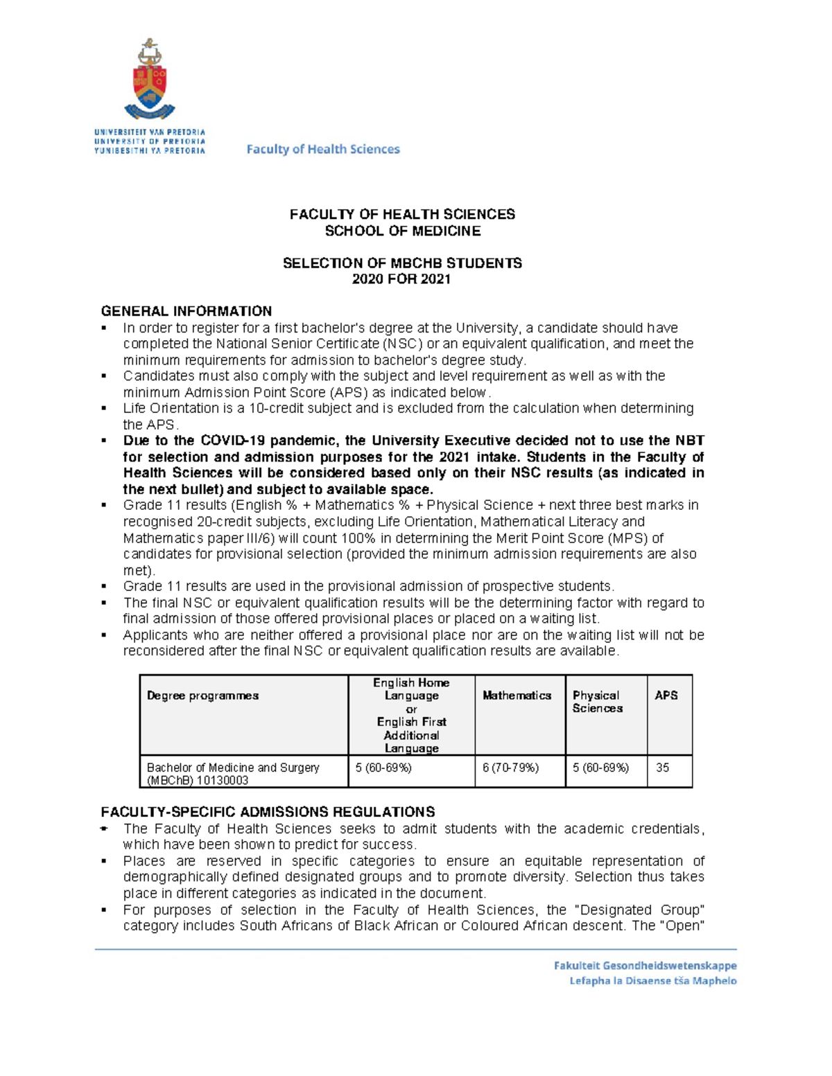 Mbchb Selection Criteria For 2021 - FACULTY OF HEALTH SCIENCES SCHOOL ...