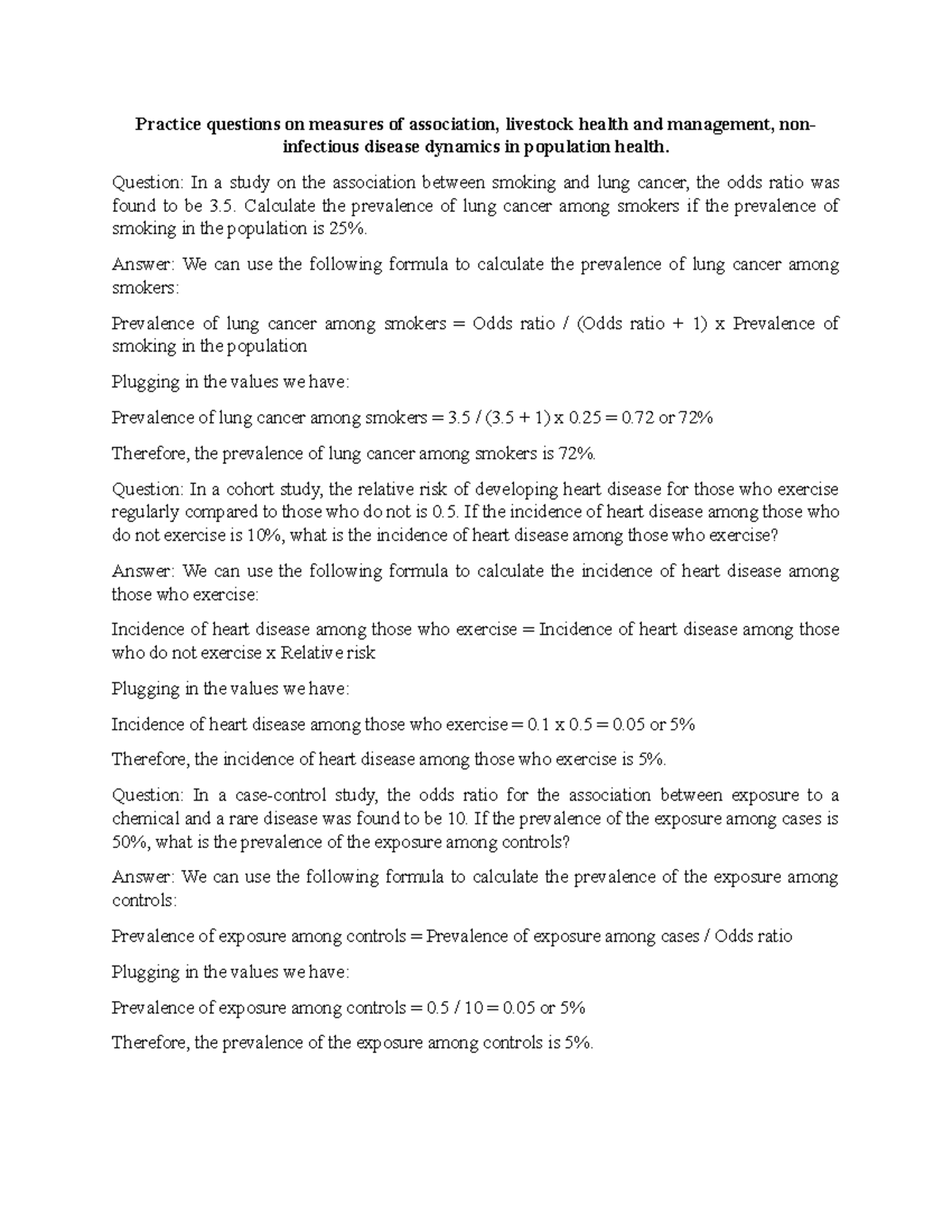 Practice questions on measures of association, livestock health and