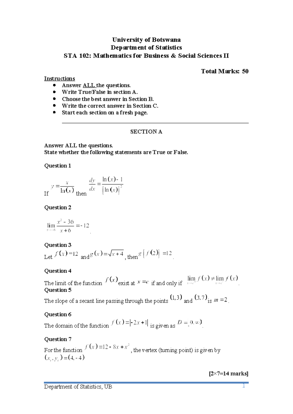 STA 102 Final MAIN EXAM 2023 1 University of Botswana Department of