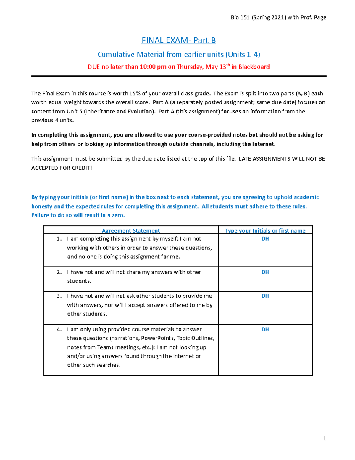 Final Exam Part B- Cumulative Material From Earlier Units - FINAL EXAM ...