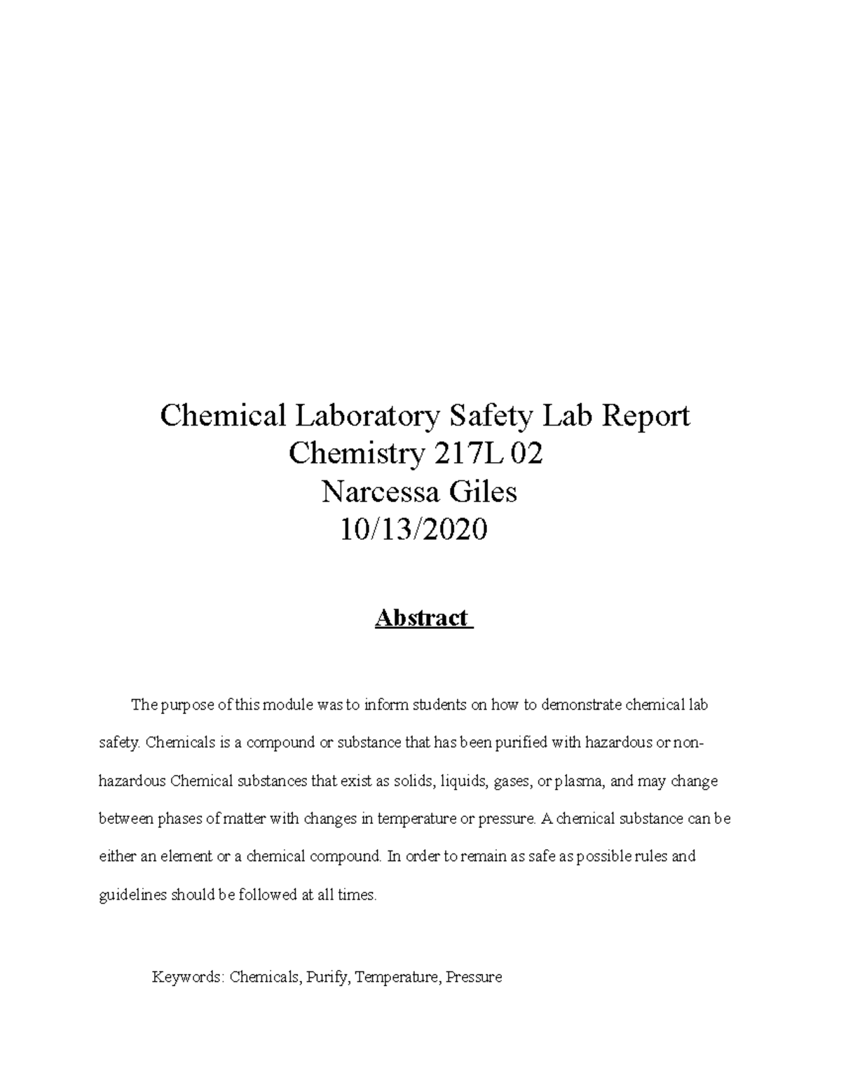 Chemistry Lab Report Chemical Laboratory Safety Lab Report Chemistry