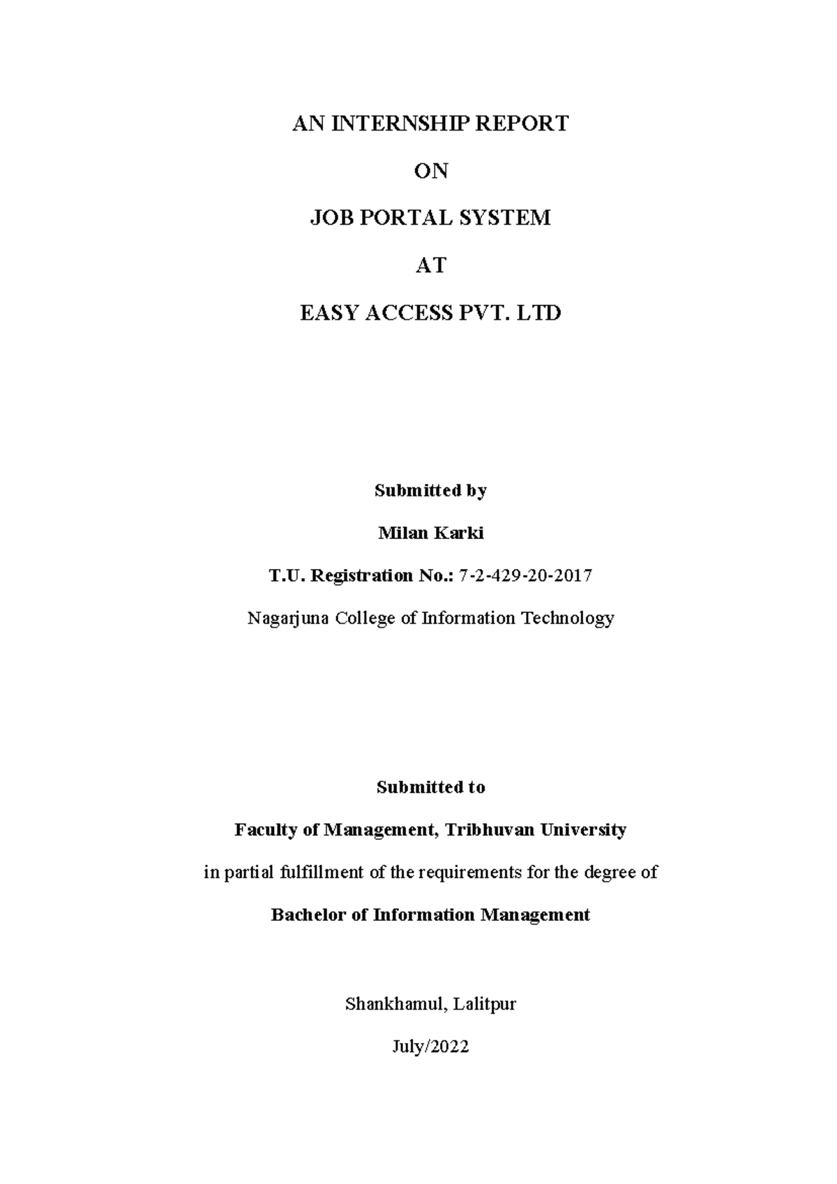 internship Report AN INTERNSHIP REPORT ON JOB PORTAL SYSTEM AT EASY