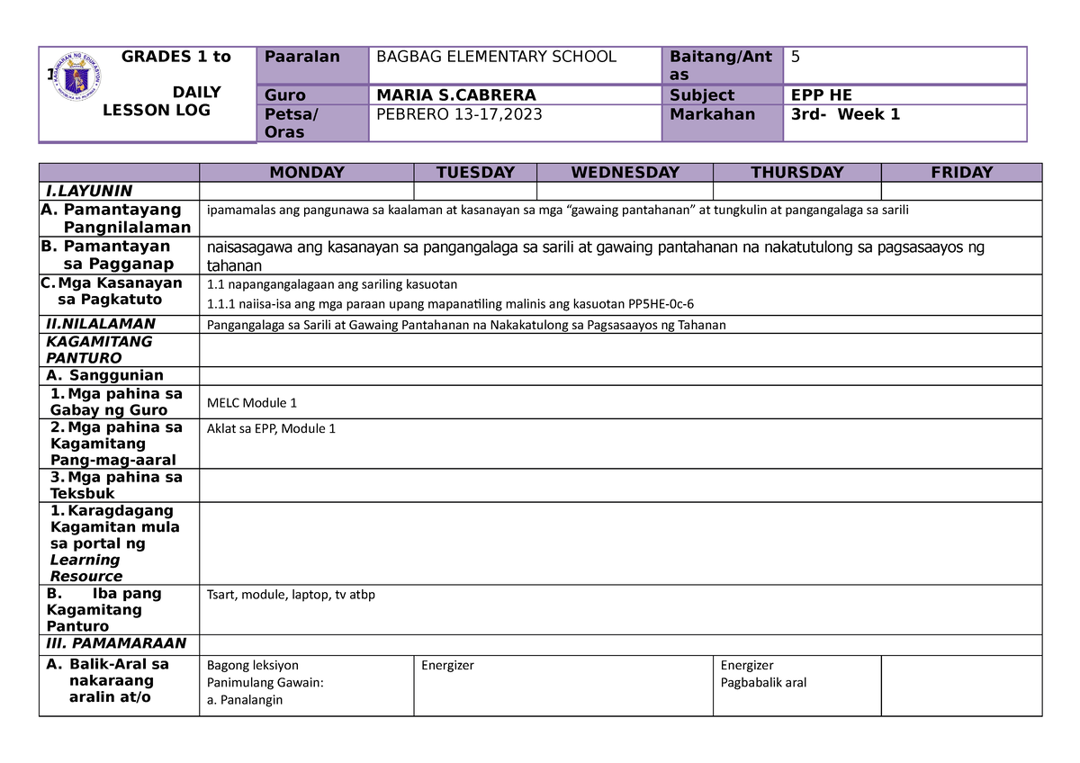 Dll G5 Epphe Q3 W1 Dll Grades 1 To 12 Daily Lesson Log Paaralan Bagbag Elementary School 9766