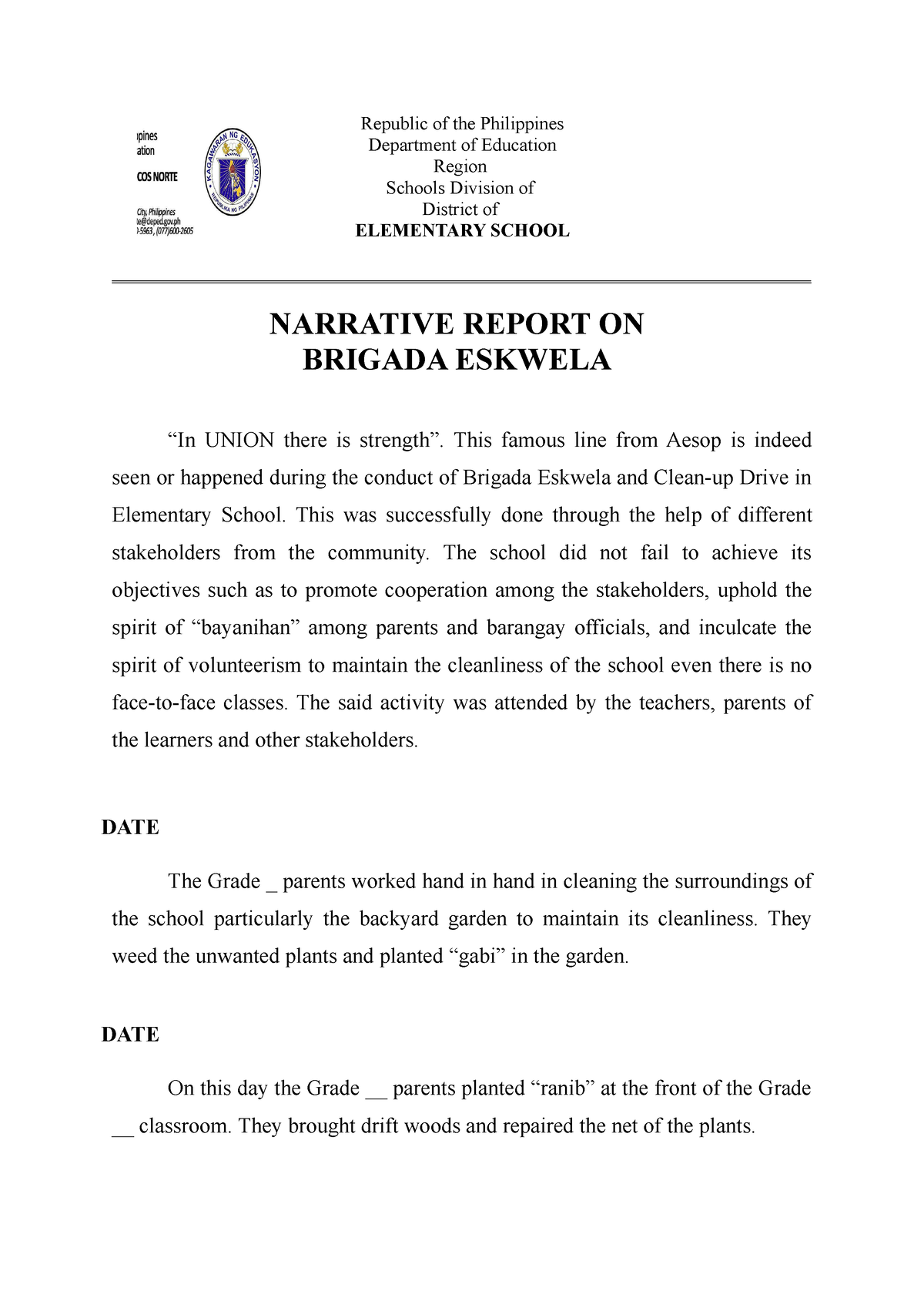 Brigada Eskewla Narrative Report Republic Of The Philippines