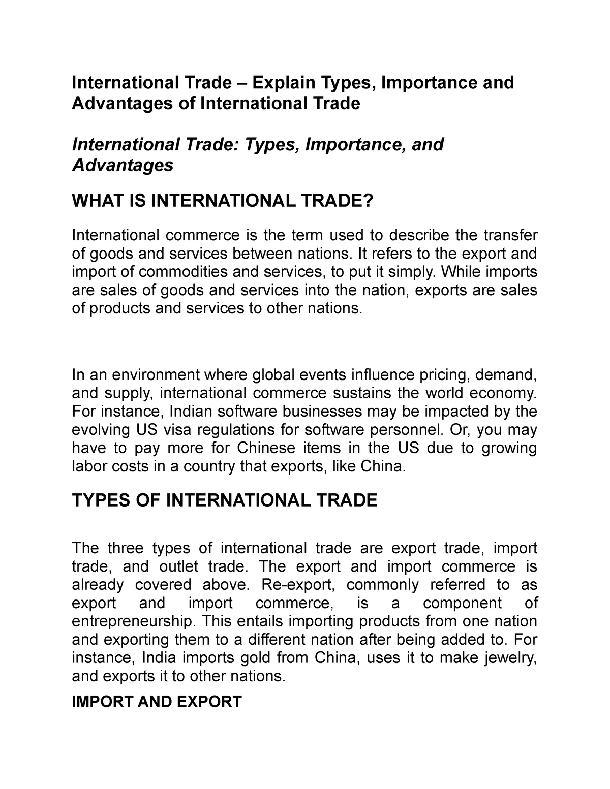 importance of international business and trade essay