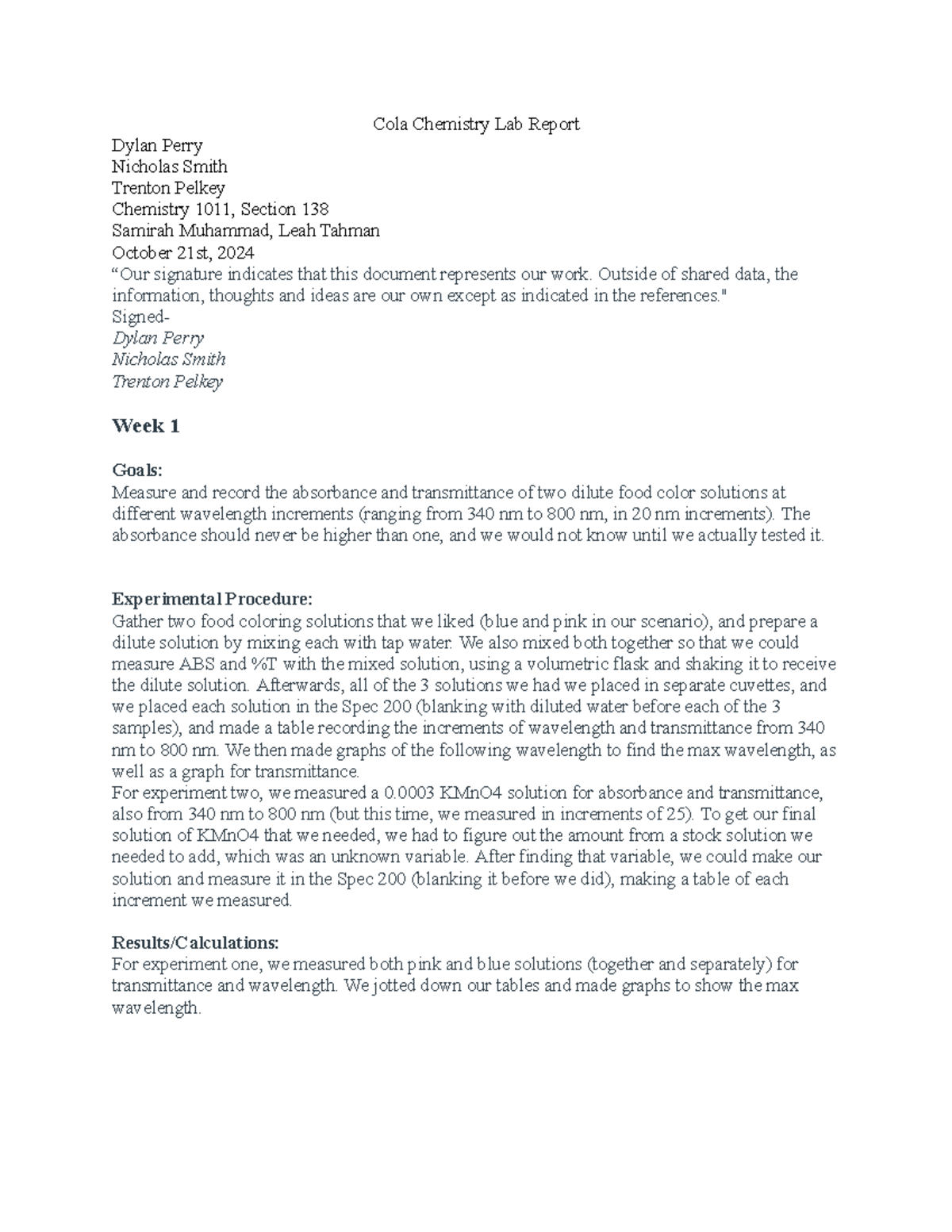 Group Lab Report Lab Cola Chemistry Lab Report Dylan Perry Nicholas