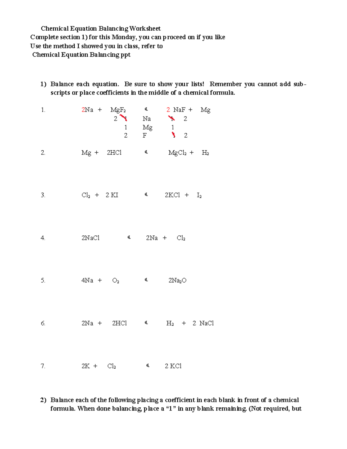 Chemical Equation Balancing worksheet - Chemical Equation Balancing ...