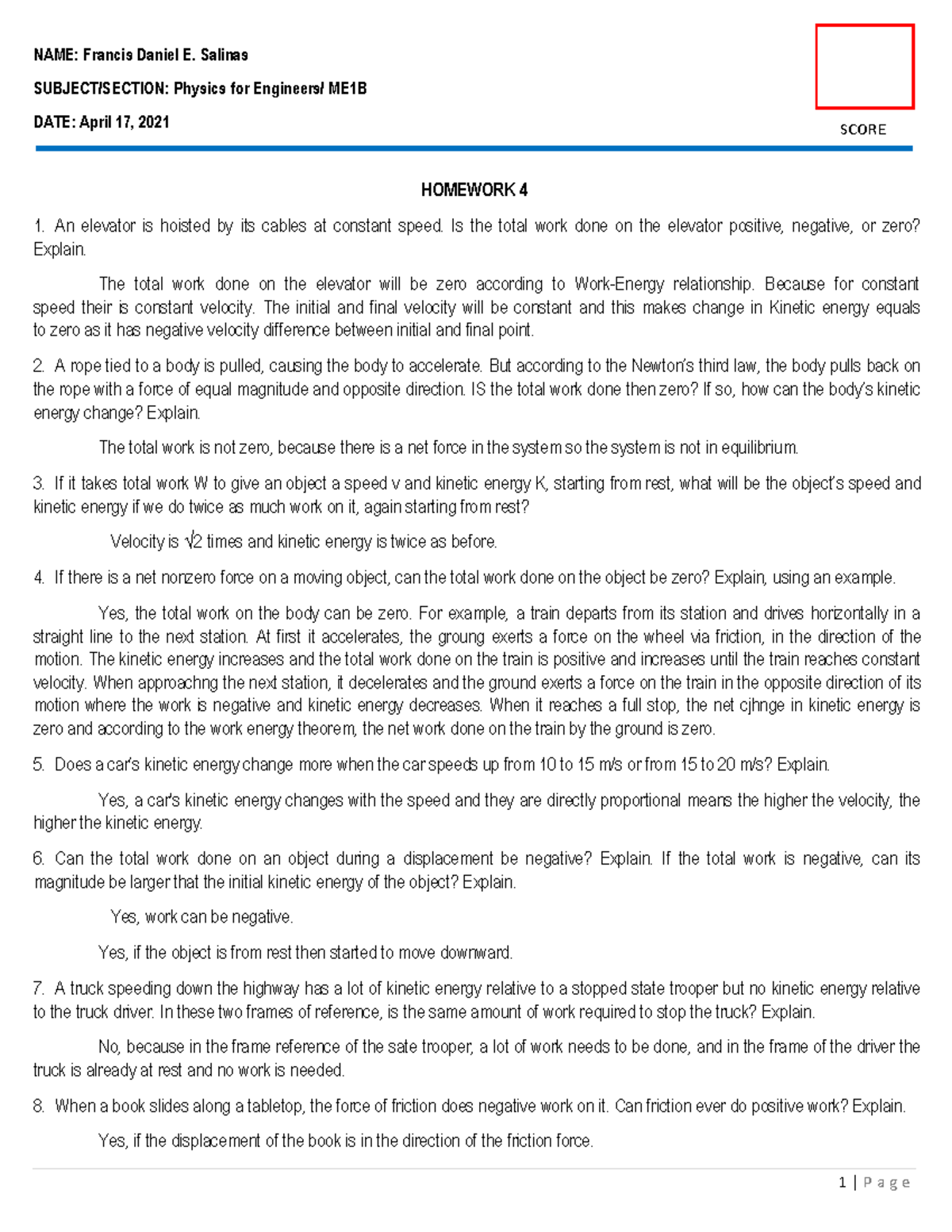 Salinas Francis ME1B Homework 4 - College Physics 1 - PangSU - Studocu