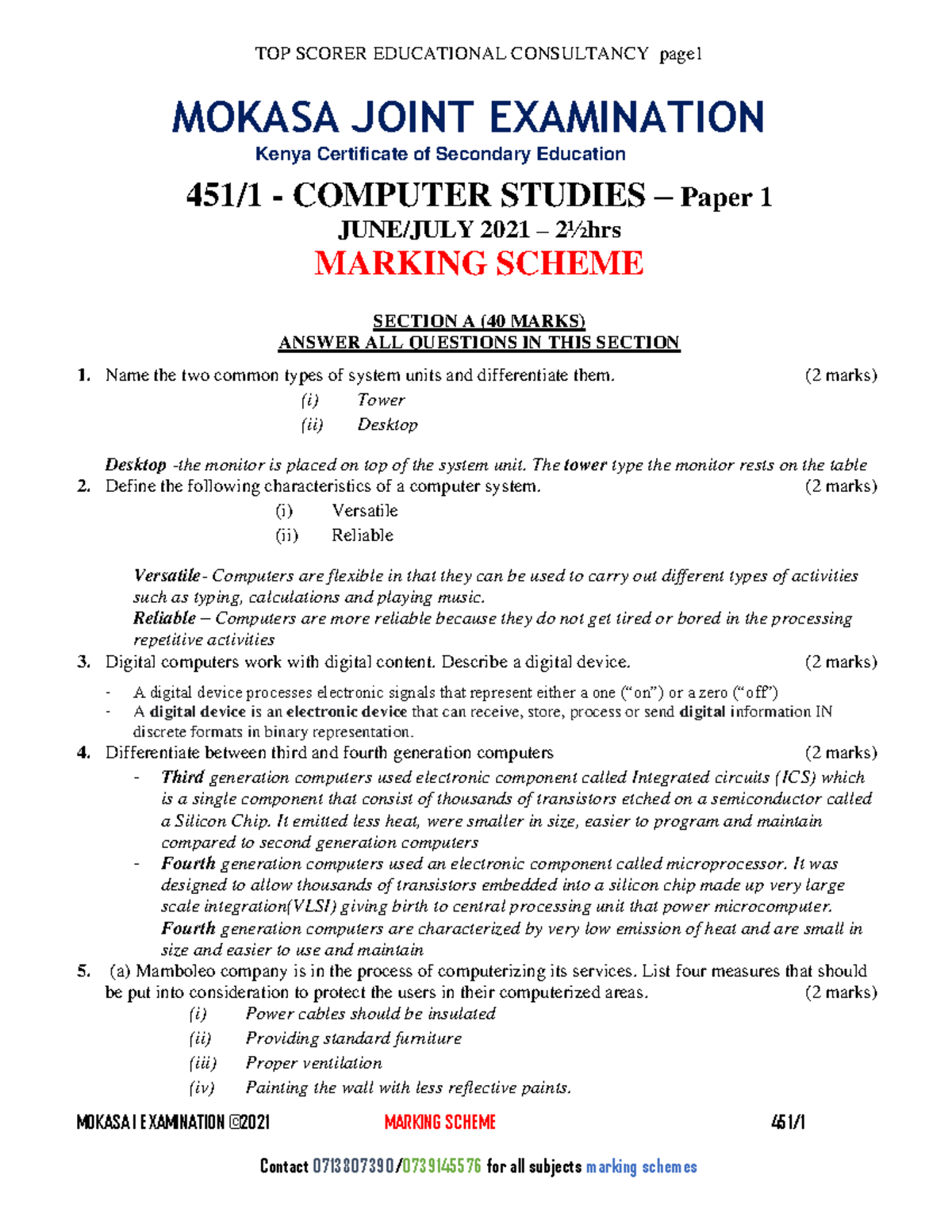 Mokasa JULY 2021 ALL Subjects Marking Schemes - MOKASA I EXAMINATION ...